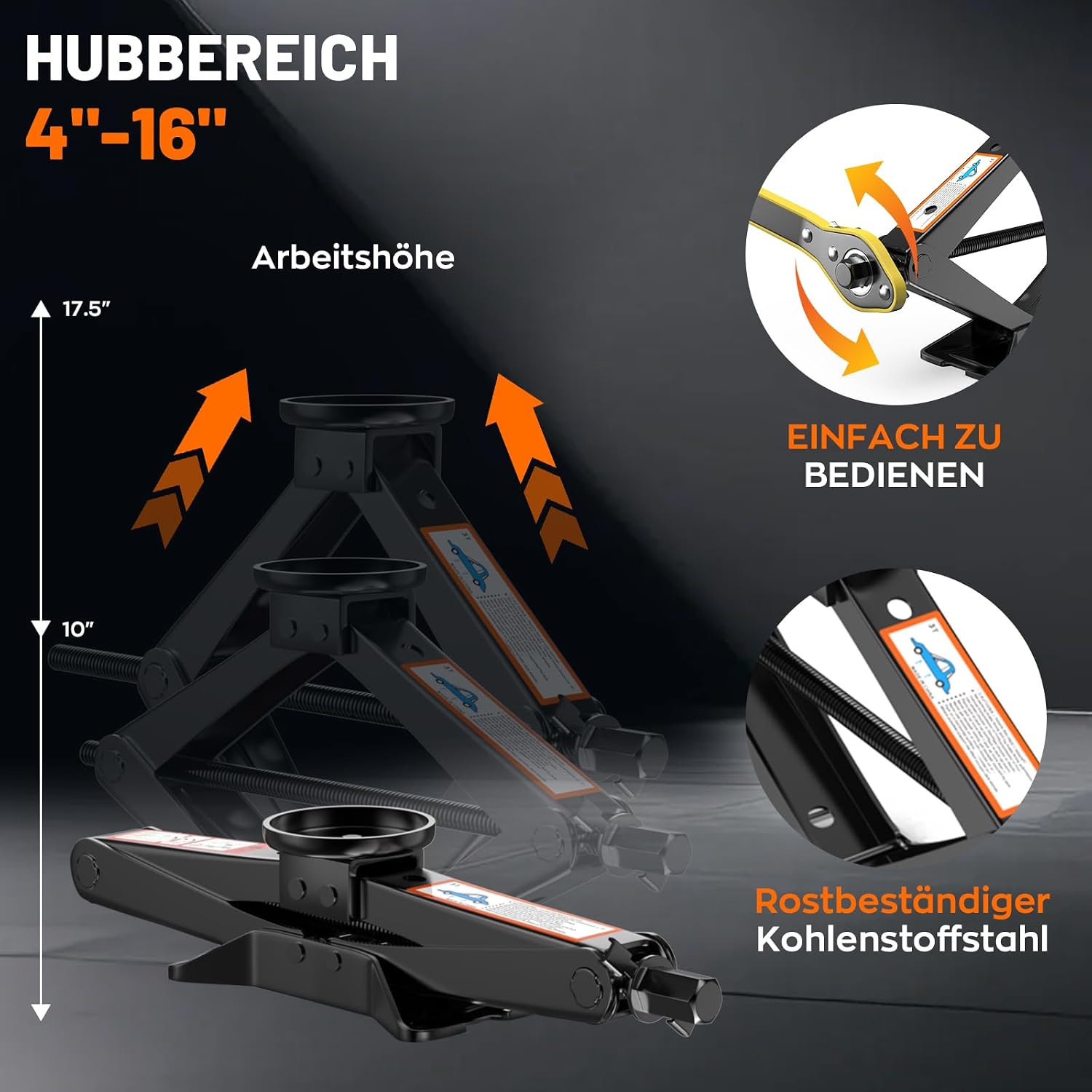 Detalle de Universelle Wagenheber 3T — Neues Upgrade Scherenwagenheber-Set mit 2 Gummiauflagen, inkl. Radkreuzschlüssel und Notfallzubehör
