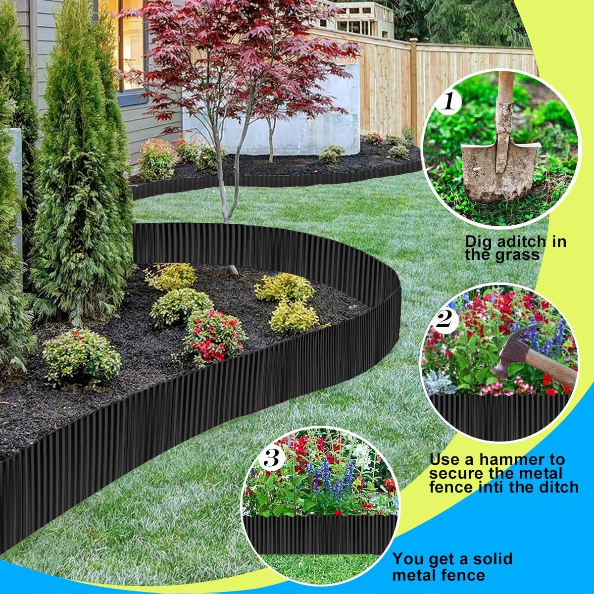 Thumbnail 3 de 8 in x 20 ft Corrugated Galvanized Garden Edging Border (Black) – Flexible Metal Lawn Border