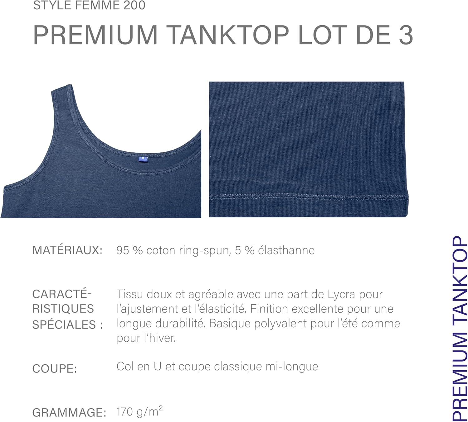 Thumbnail 2 de HRM Lot de 3 débardeurs Femme — Top basique en coton 95% avec 5% Lycra, col en U, extensible