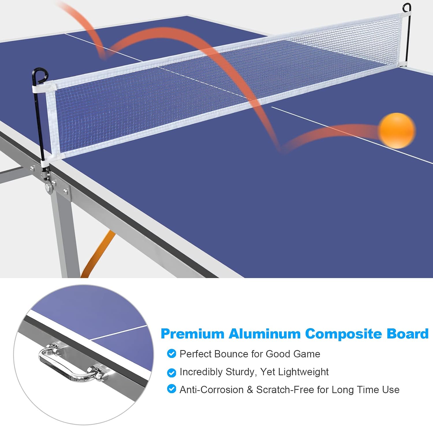 Detalle 2 de REXOUS 6ft Mid-Size Foldable Table Tennis Table Set (with net, 2 paddles and 3 balls), blue