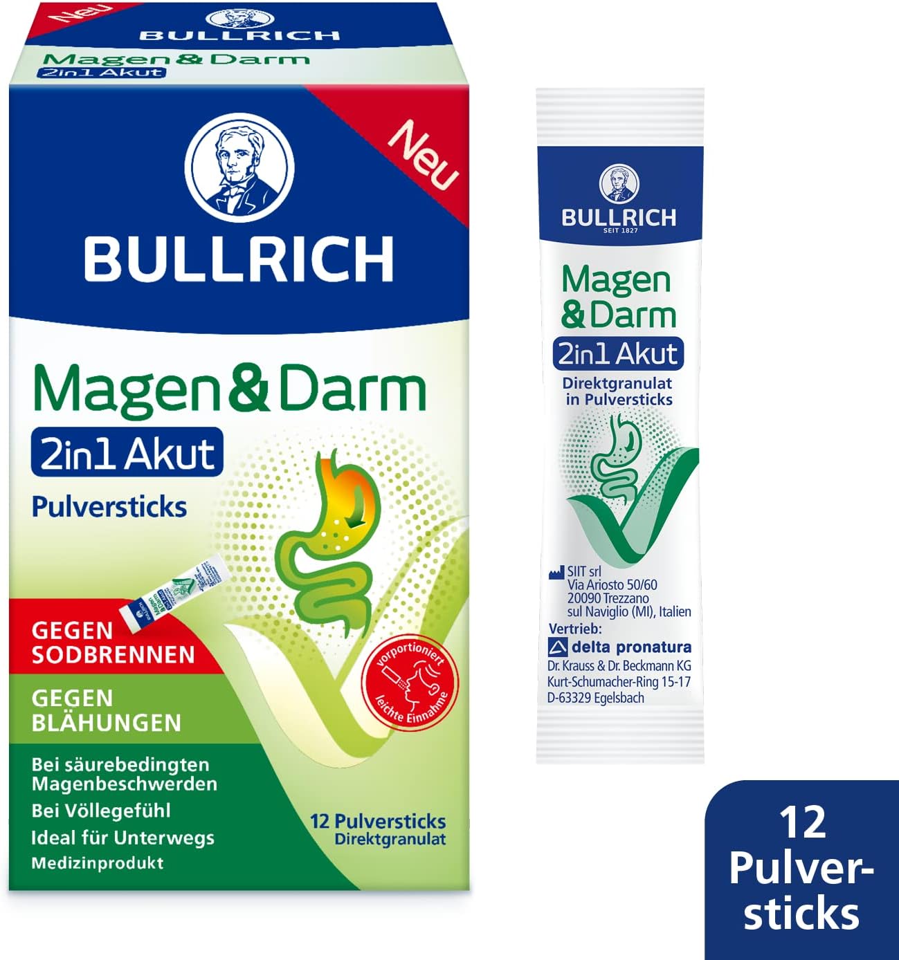 Detalle de Bullrich Magen & Darm 2in1 Akut – Akut gegen Sodbrennen & Blähungen, 12 Pulversticks (Packung mit 2) | Vegan