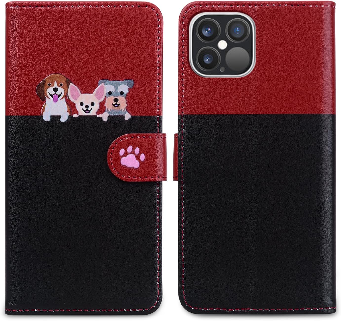 Thumbnail 2 de Tiyoo Lovely & Cute Flip Wallet Case for iPhone 12 Pro Max – Cartoon Cat & Dog Pattern (Black Red)