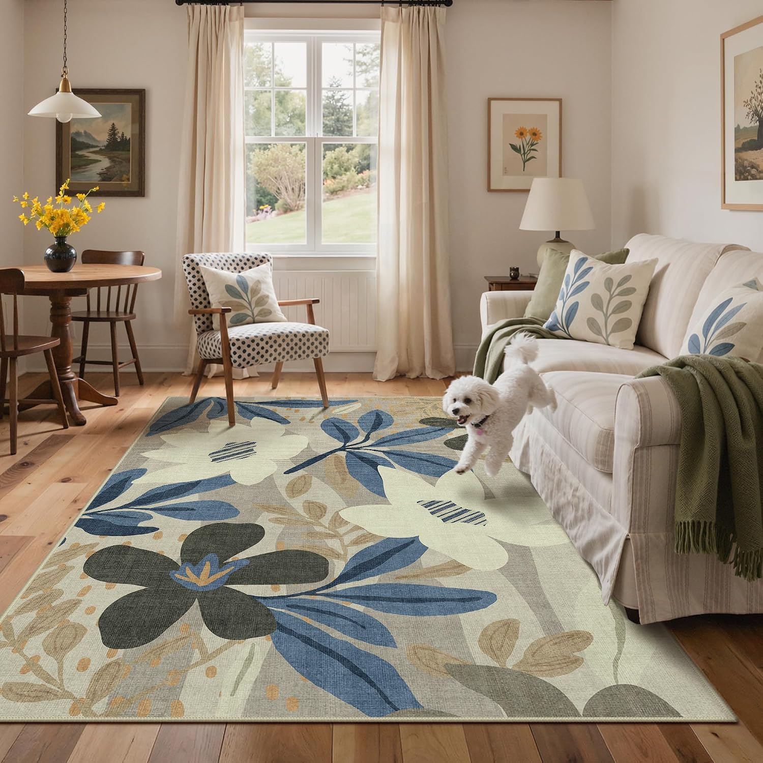 Thumbnail 6 de GENIMO 5 x 8 Outdoor Rug, Washable Floral Rug in Navy and Cream