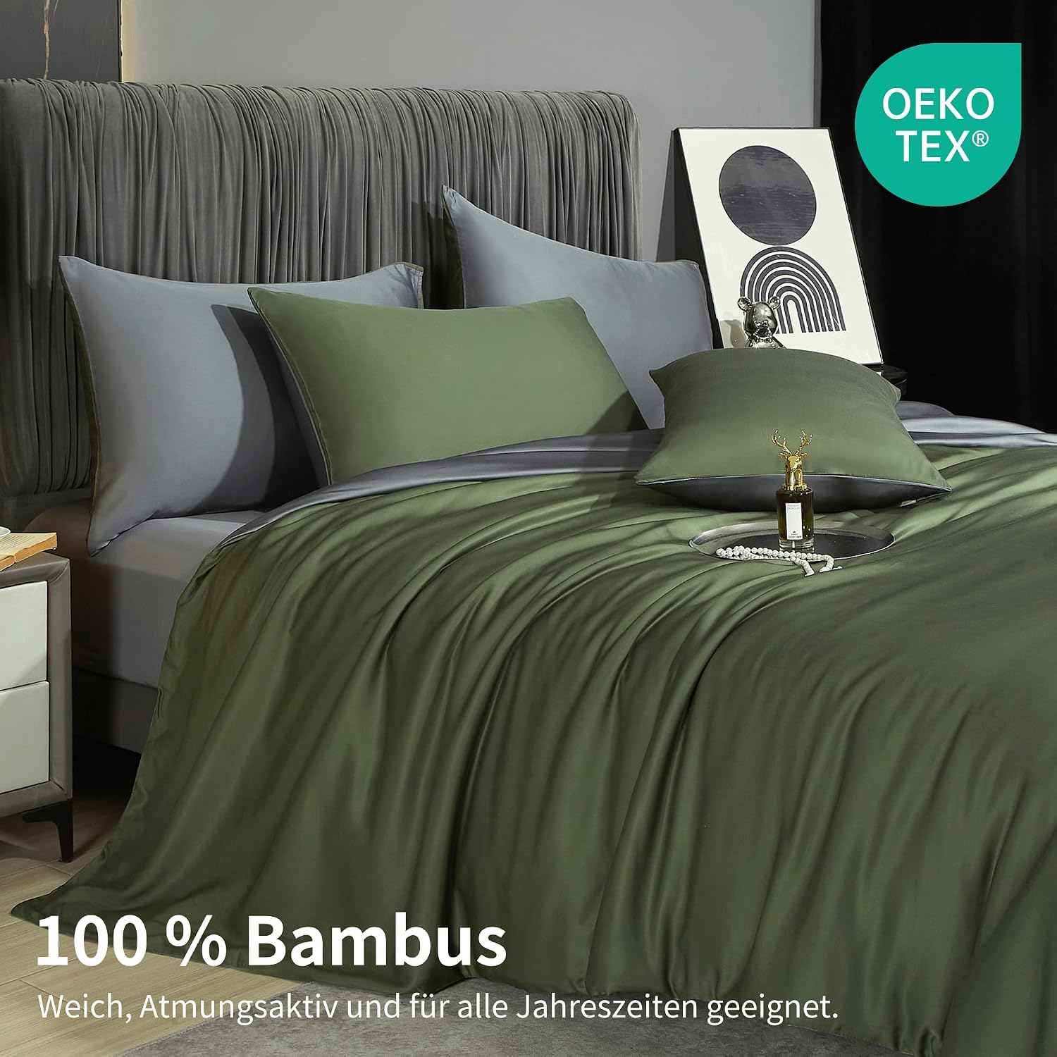 Detalle de Luowei Bambus Bettwäsche 135x200 cm Dunkelgrün – Wendebettwäsche aus 100% Bambus Lyocell