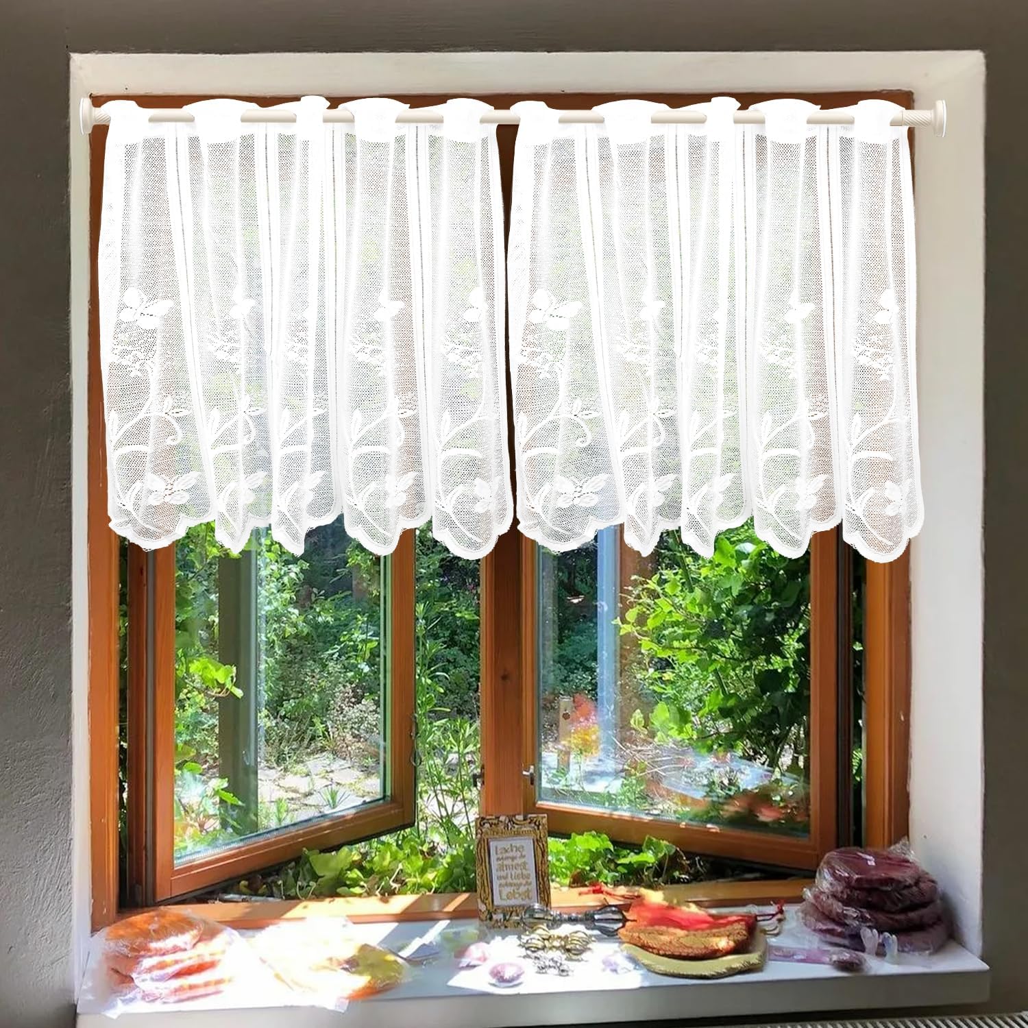 Detalle de ZOLGINAH ZA-Curtain100 korte vitrage 75 x 60 cm met vlinder- en bloemenjacquard