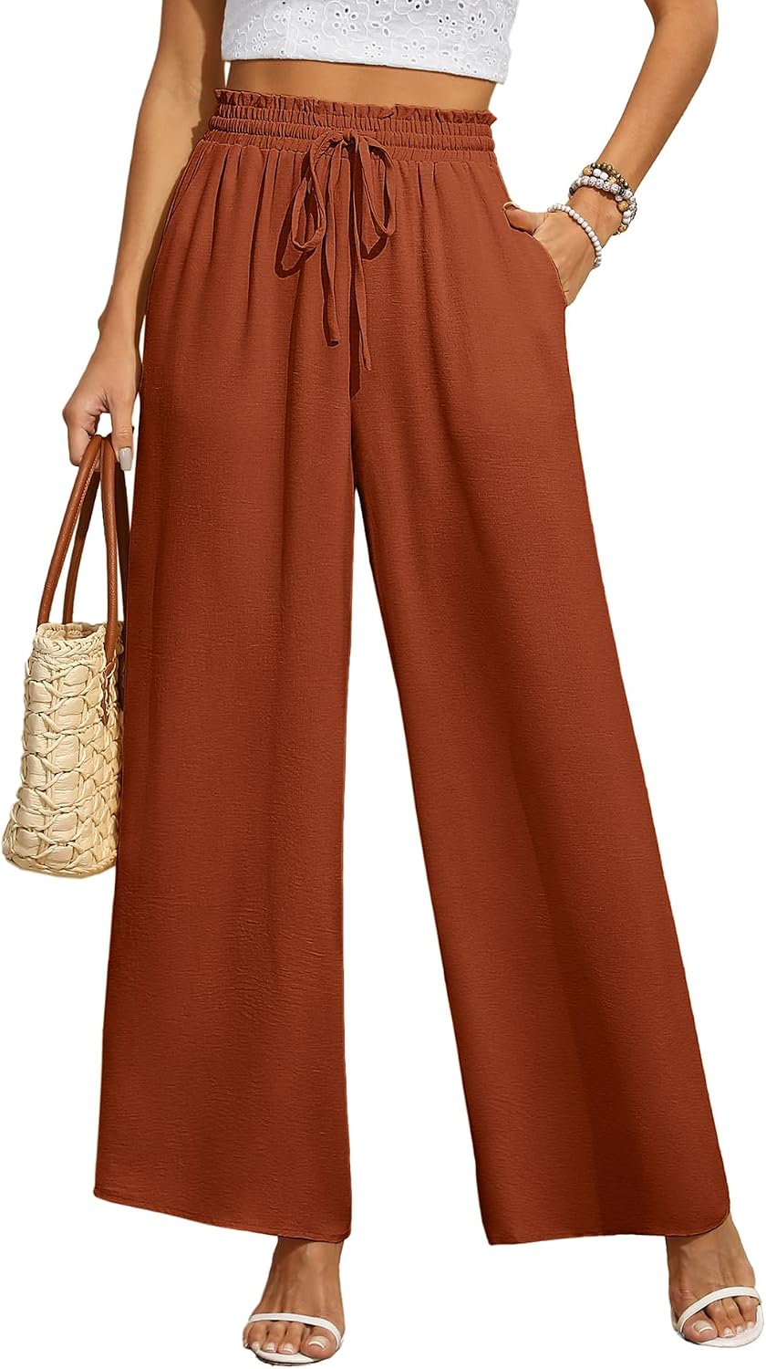 Detalle de BEIGAI Damen Palazzo-Hose mit hoher Taille, weitem Schnitt und Taschen – locker-gerade, dehnbar fürs Lounge- & Alltagsoutfit