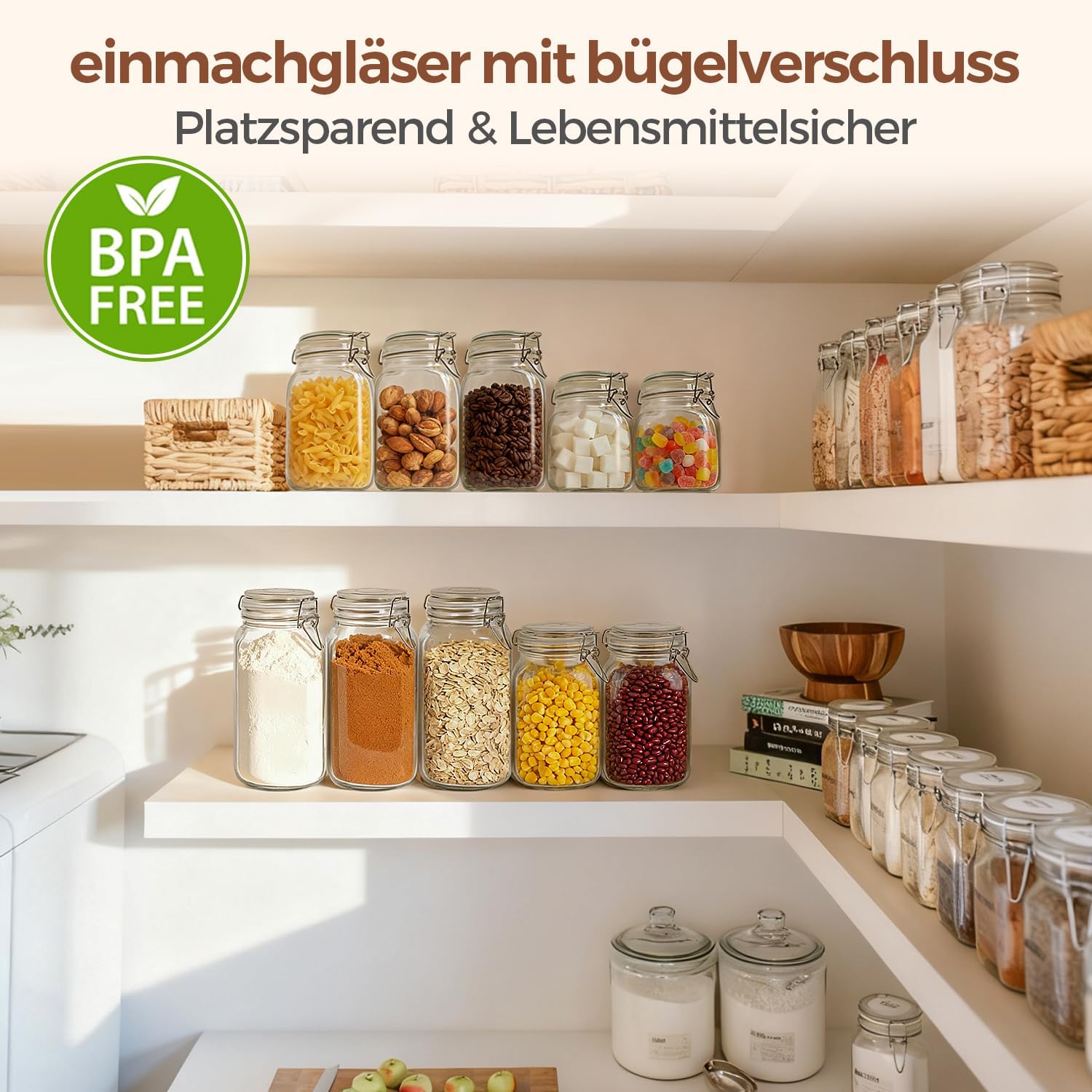 Detalle de ComSaf 2,3L Bügelglas-Set Eckig mit Drahtverschluss – 3er-Set, luftdicht, vielseitig einsetzbar