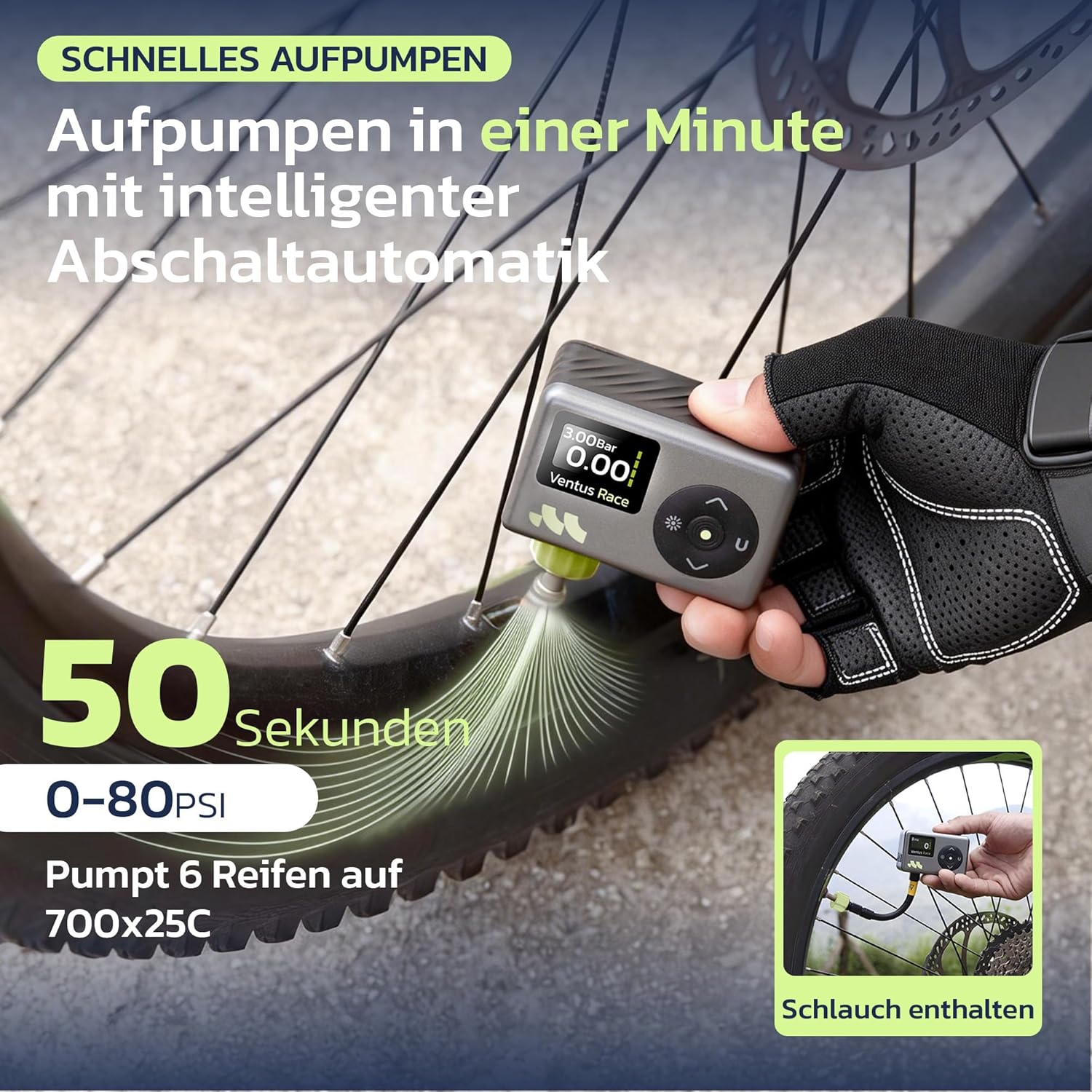 Thumbnail 1 de Woowind Ventus Race elektrische Fahrradpumpe – Mini-Kompressor für Presta & Schrader, bis 120 PSI, LED-Licht
