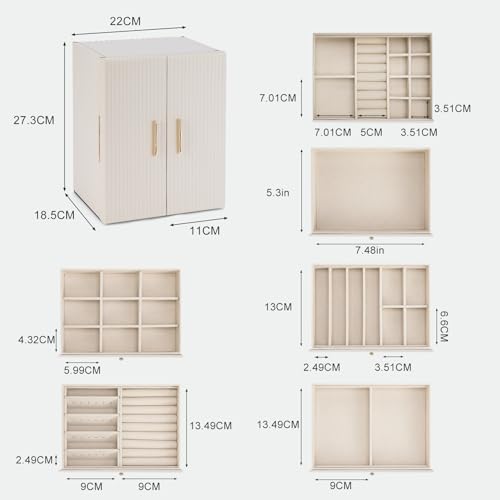 Detalle de Dajasan Boîte à Bijoux Femme Grande — 5 tiroirs, cuir grain vertical beige avec miroir
