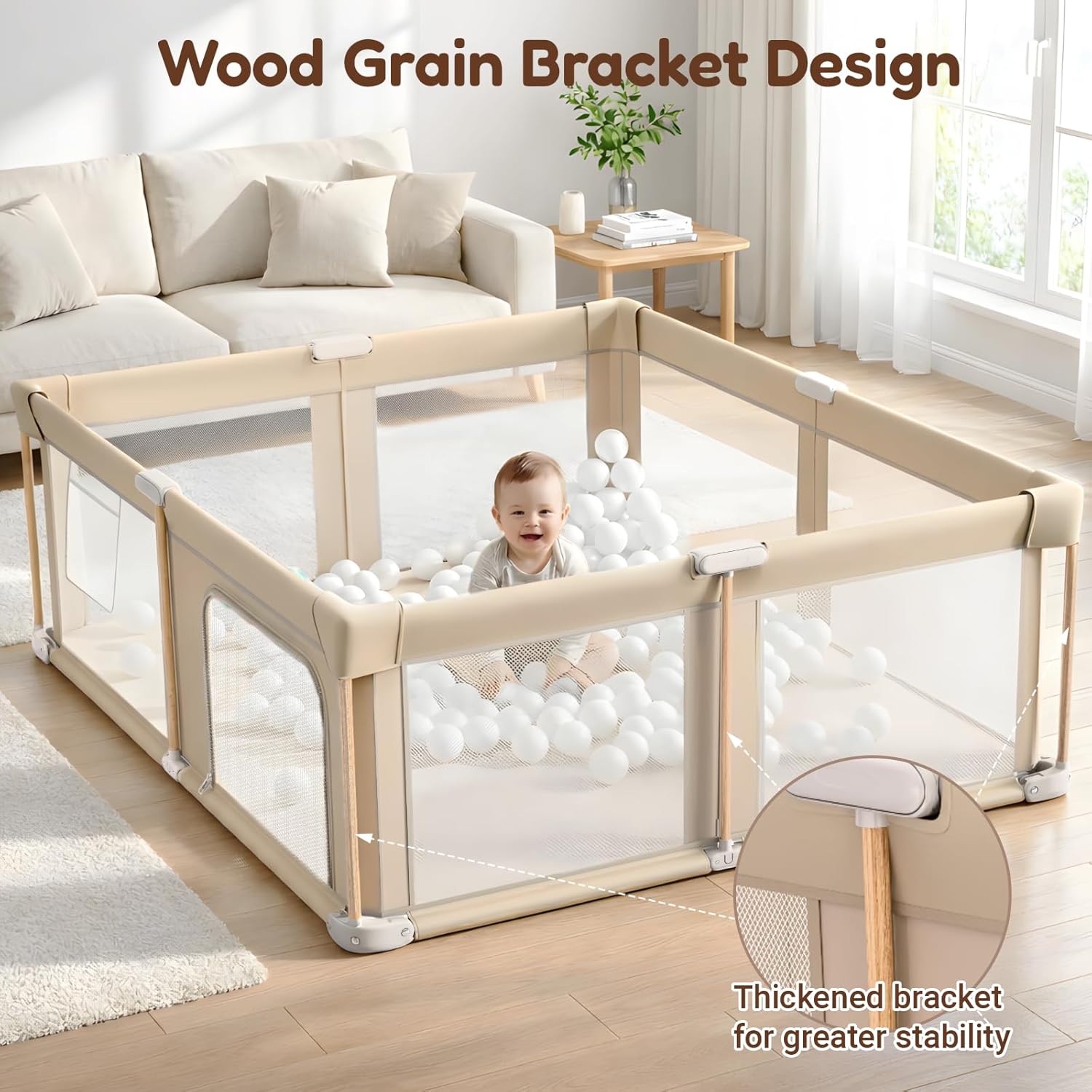 Detalle 2 de Cbcvvaer Foldable Baby Playpen with Mat, 71 × 79-Inch Khaki Mesh Play Yard