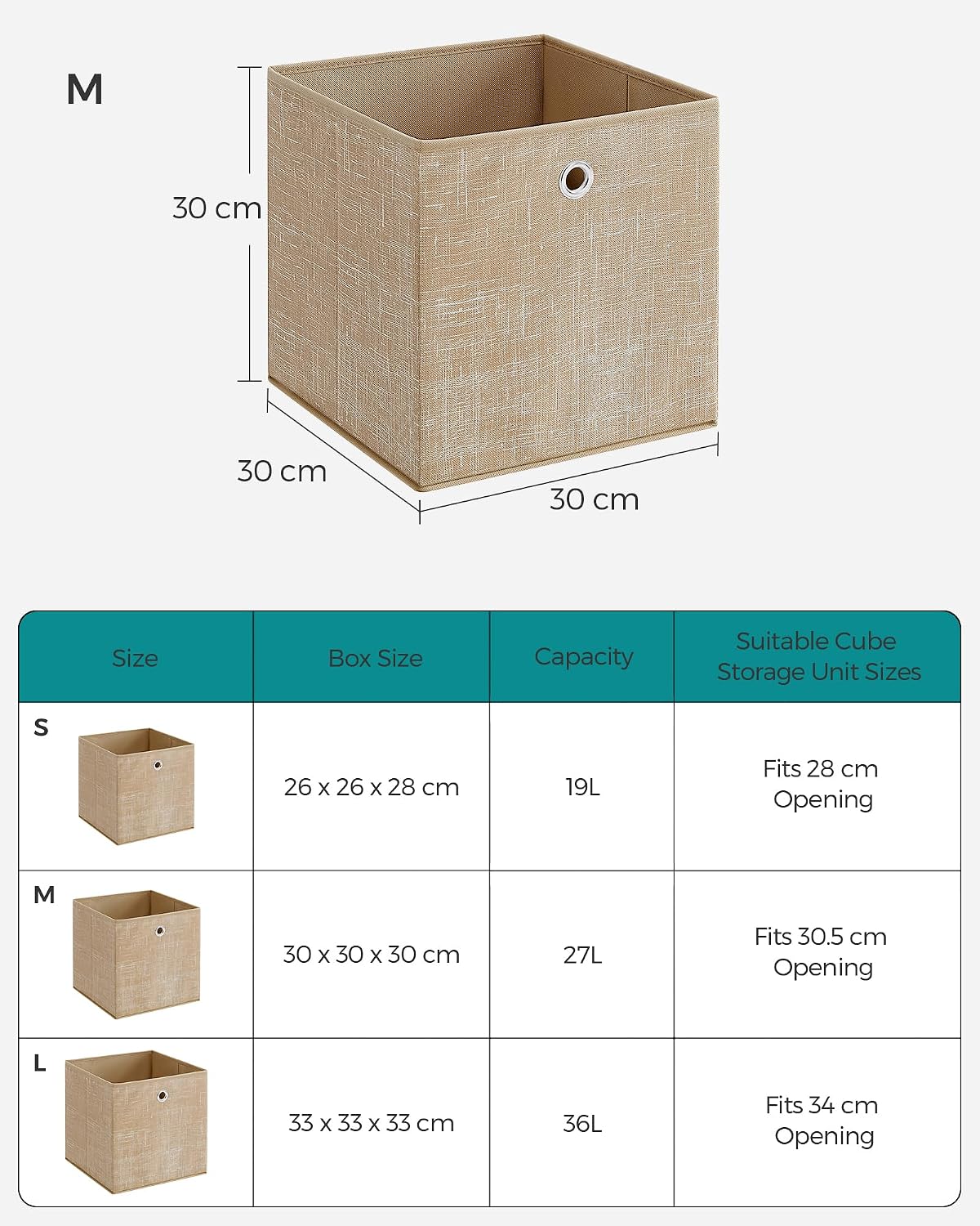 Detalle 2 de SONGMICS RFB006K03 – składane pudełka z uchwytem, 6 szt., 30 × 30 × 30 cm