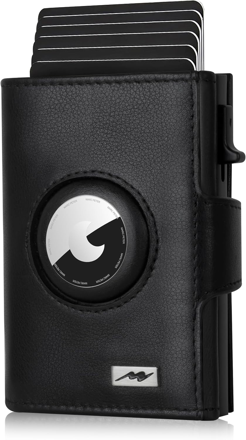 Detalle de Marc Peter Chicago Leder Push Air Slim Wallet – AirTag-Geldbörse mit Münzfach (RFID-Schutz) in Schwarz