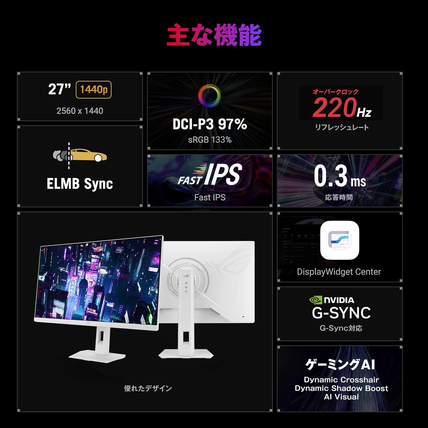 Detalle 2 de ASUS ROG Strix XG27ACSR-W 27型ゲーミングモニター QHD・180Hz・Fast IPS