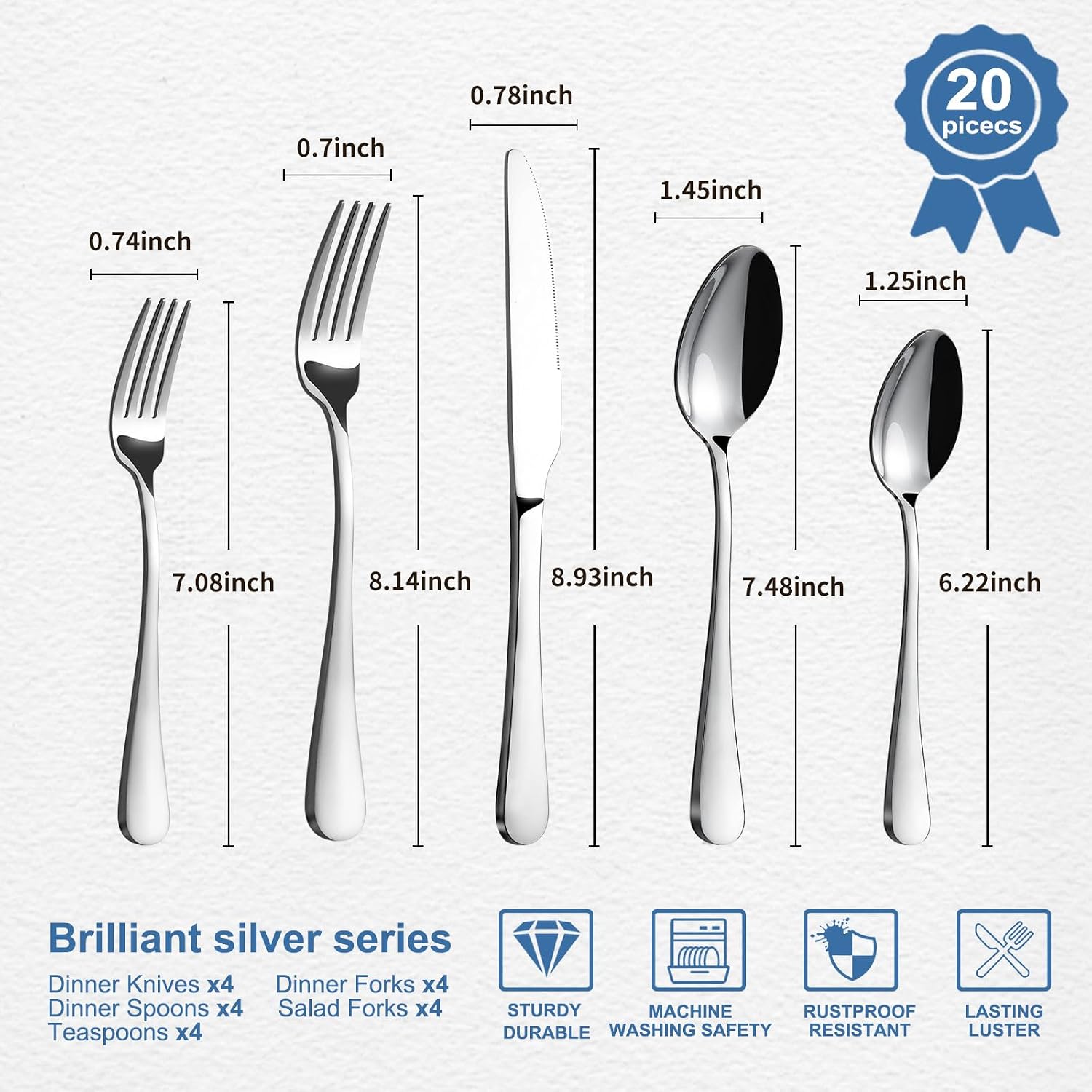 Detalle 2 de BEWOS Stainless Steel Flatware Set, 20-Piece