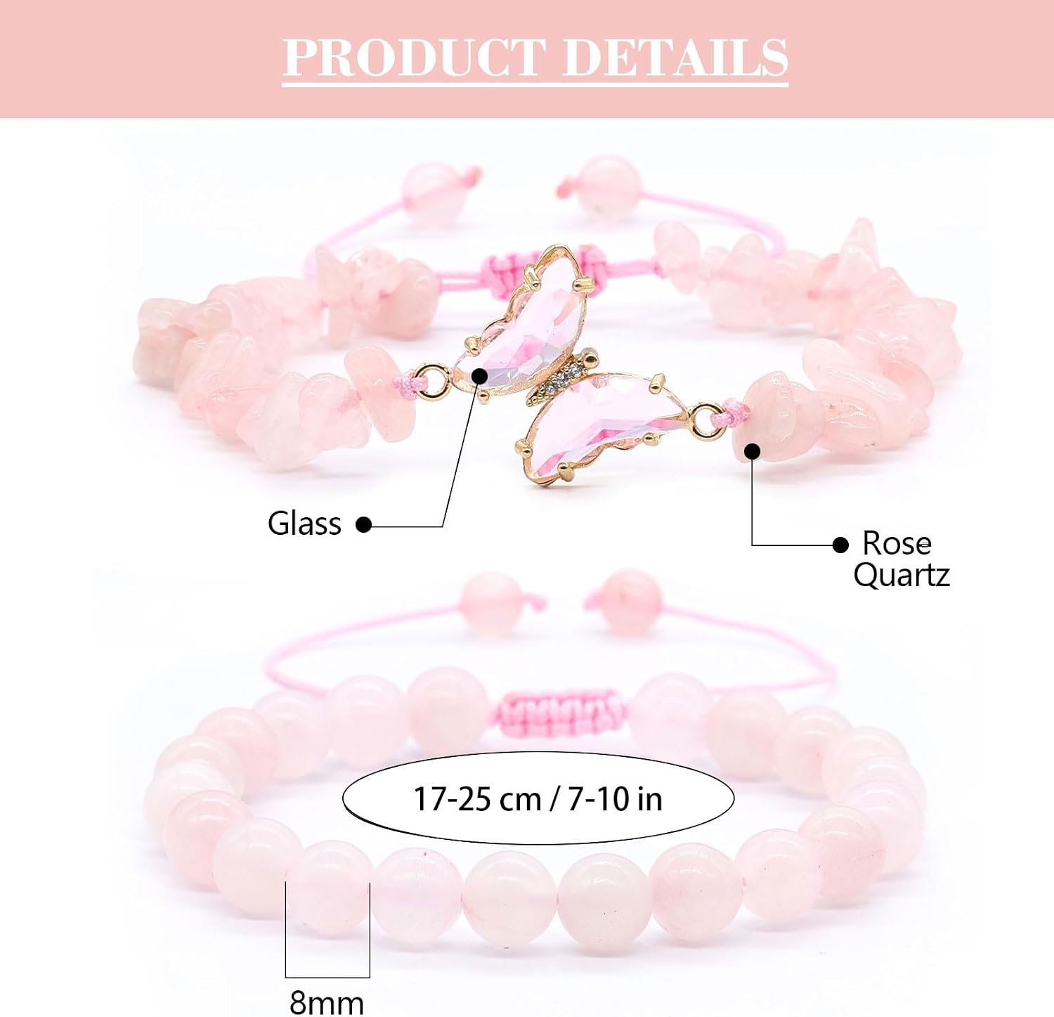 Thumbnail 5 de Rosenquarz Armband Schmetterling 8mm Verstellbar