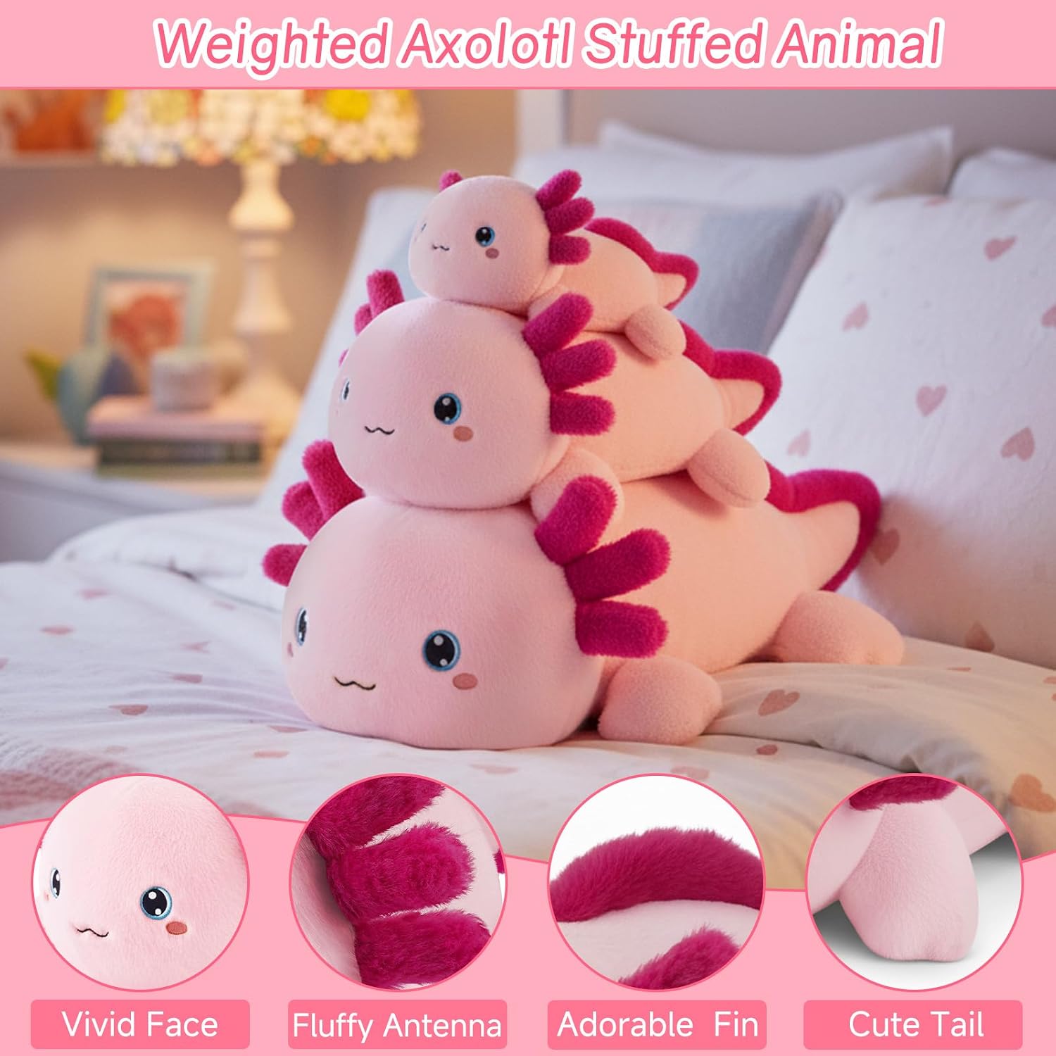 Detalle de SQEQE Weighted Pink Axolotl Plush: Soft Weighted Comfort in 35cm