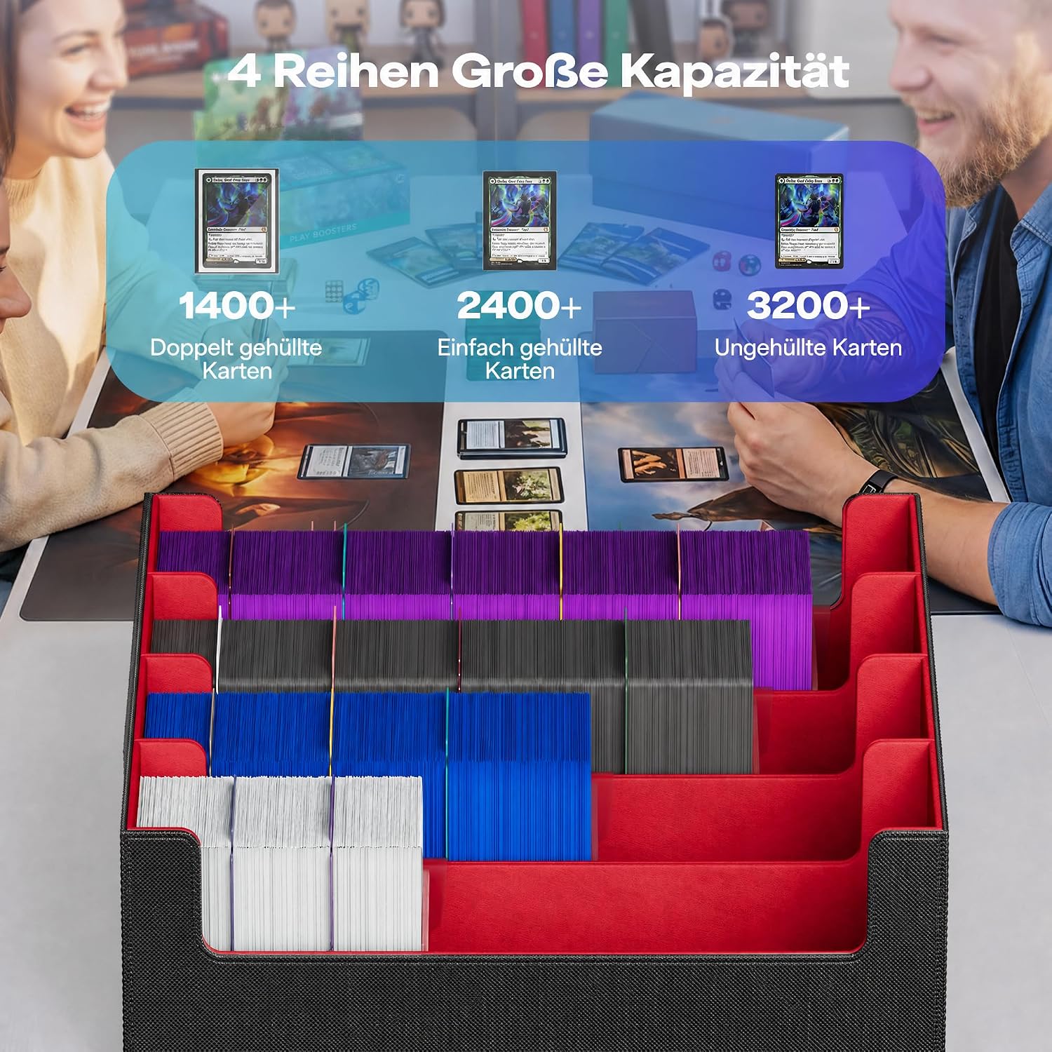 Detalle de UAONO Kartenaufbewahrungsbox für Trading Cards – 2400+ MTG Commander Deck Box mit 24 bunten Trennern (schwarz & rot)