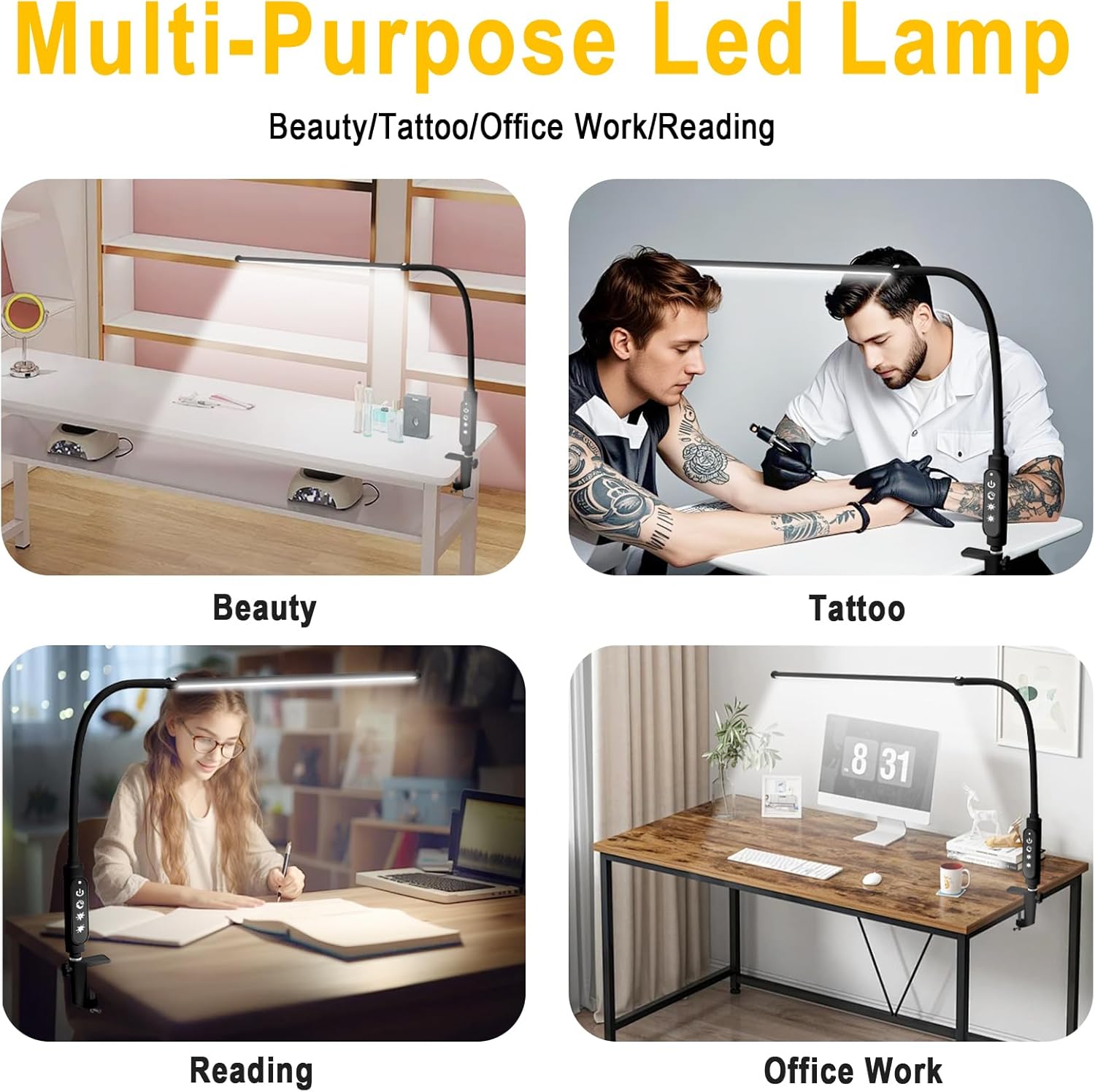 Thumbnail 6 de CGBE Extra-lange Nageltischlampe 60 cm – 360° Schwanenhals, Klemme, 3 Farbmodi, 5 Helligkeiten