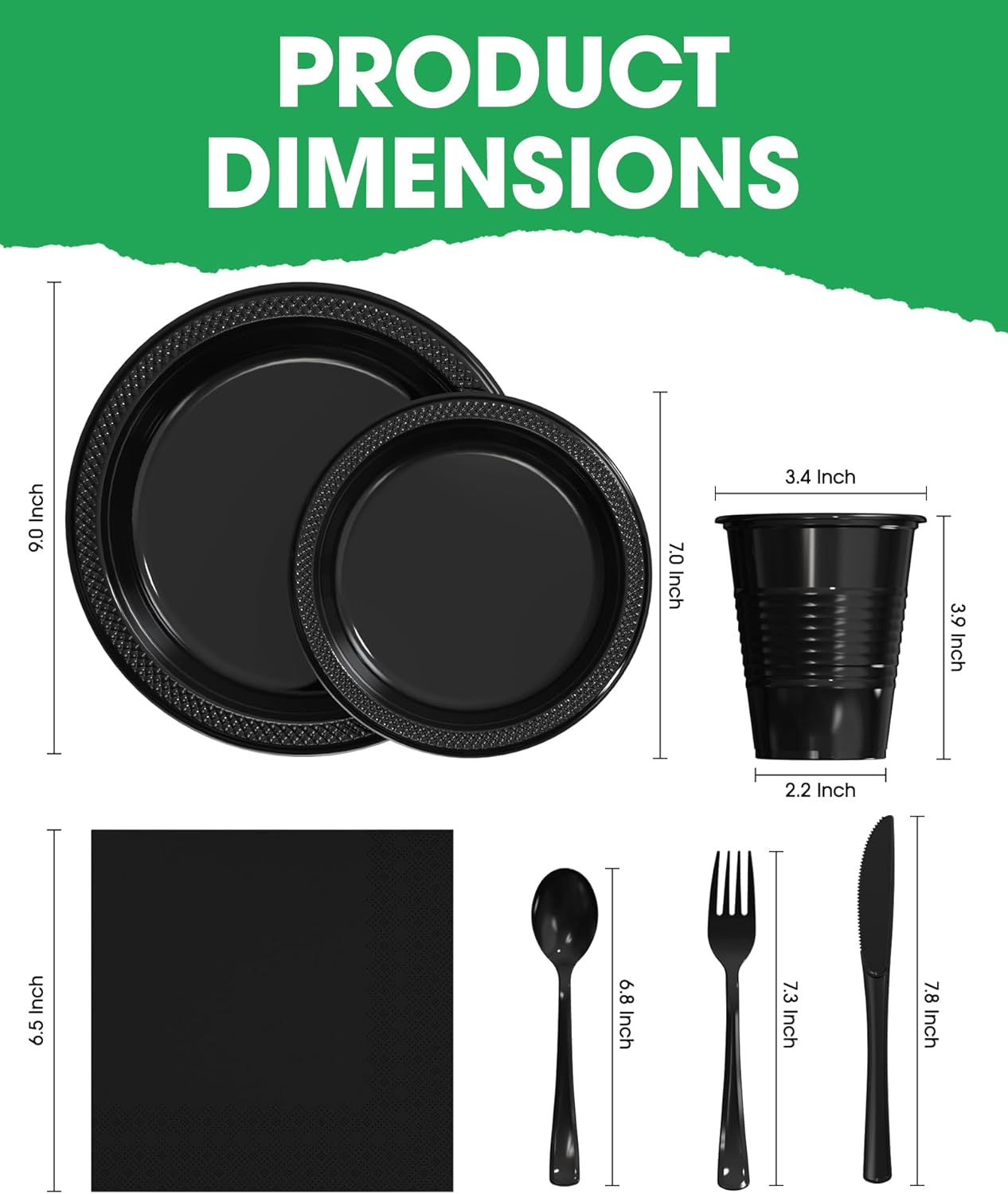 Thumbnail 1 de Pureegg Black Plastic Plates Set — 350 Pcs for Up to 50 Guests (Napkins, Utensils, Cups Included)