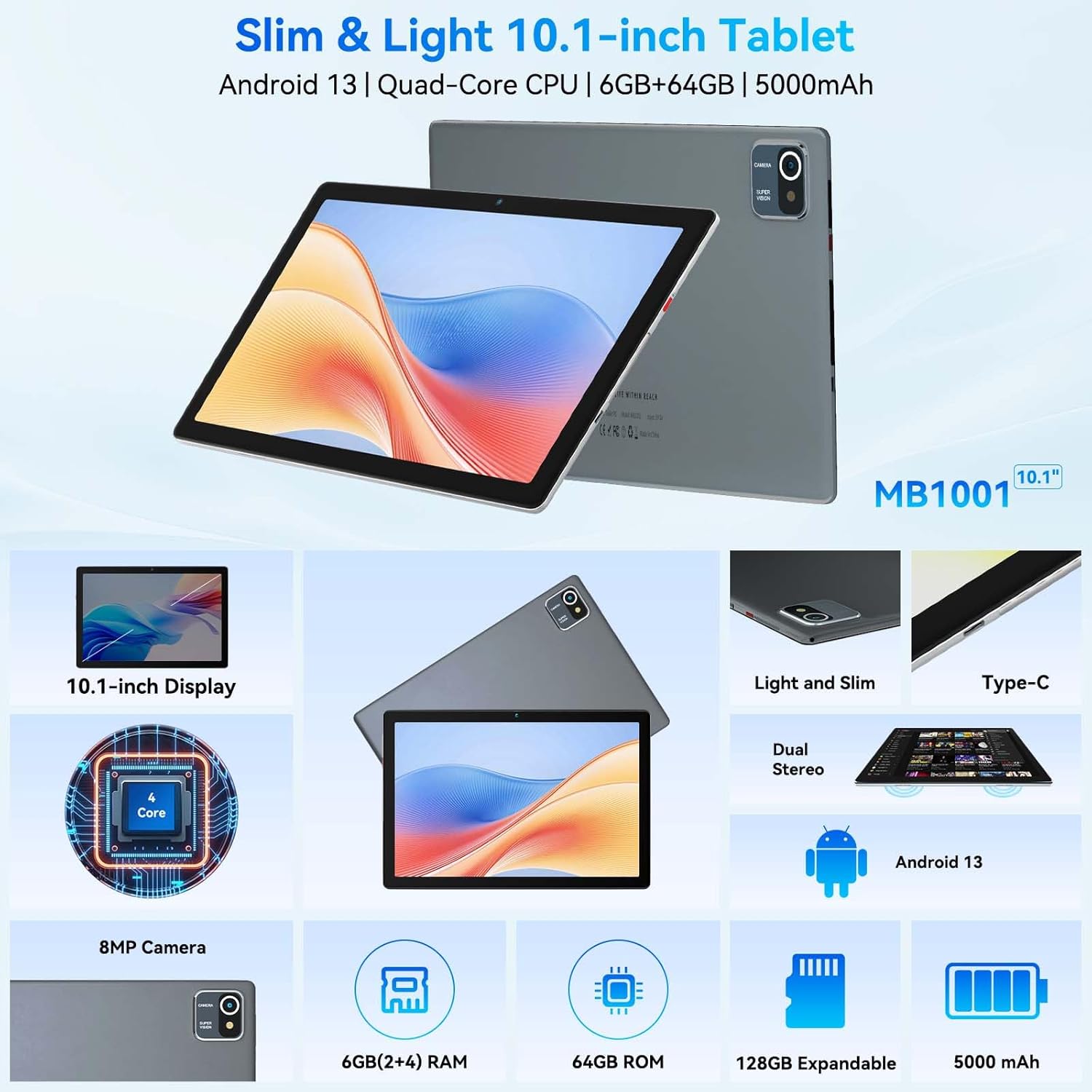 Thumbnail 1 de Hakaug 10-inch Android 13 Quad-Core Tablet (6GB RAM, 64GB storage, 5000 mAh) – Silver