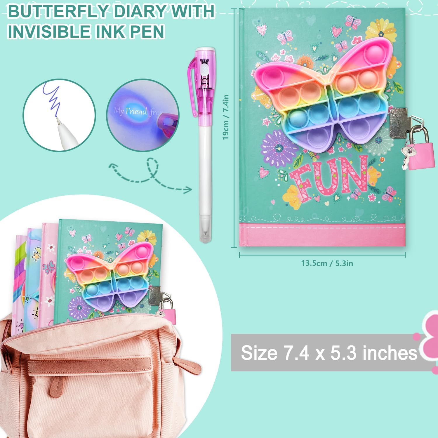 Thumbnail 1 de Pop Secret Diary for Girls with Invisible Pen: Butterfly Fidget Diary, Lockable, 160 Pages