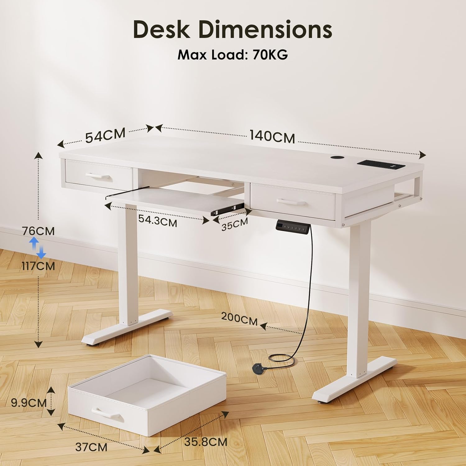 Detalle de OffiGo Height Adjustable Desk with Double Drawers – 140 cm Electric Sit-Stand Desk with Keyboard Tray and Power Sockets