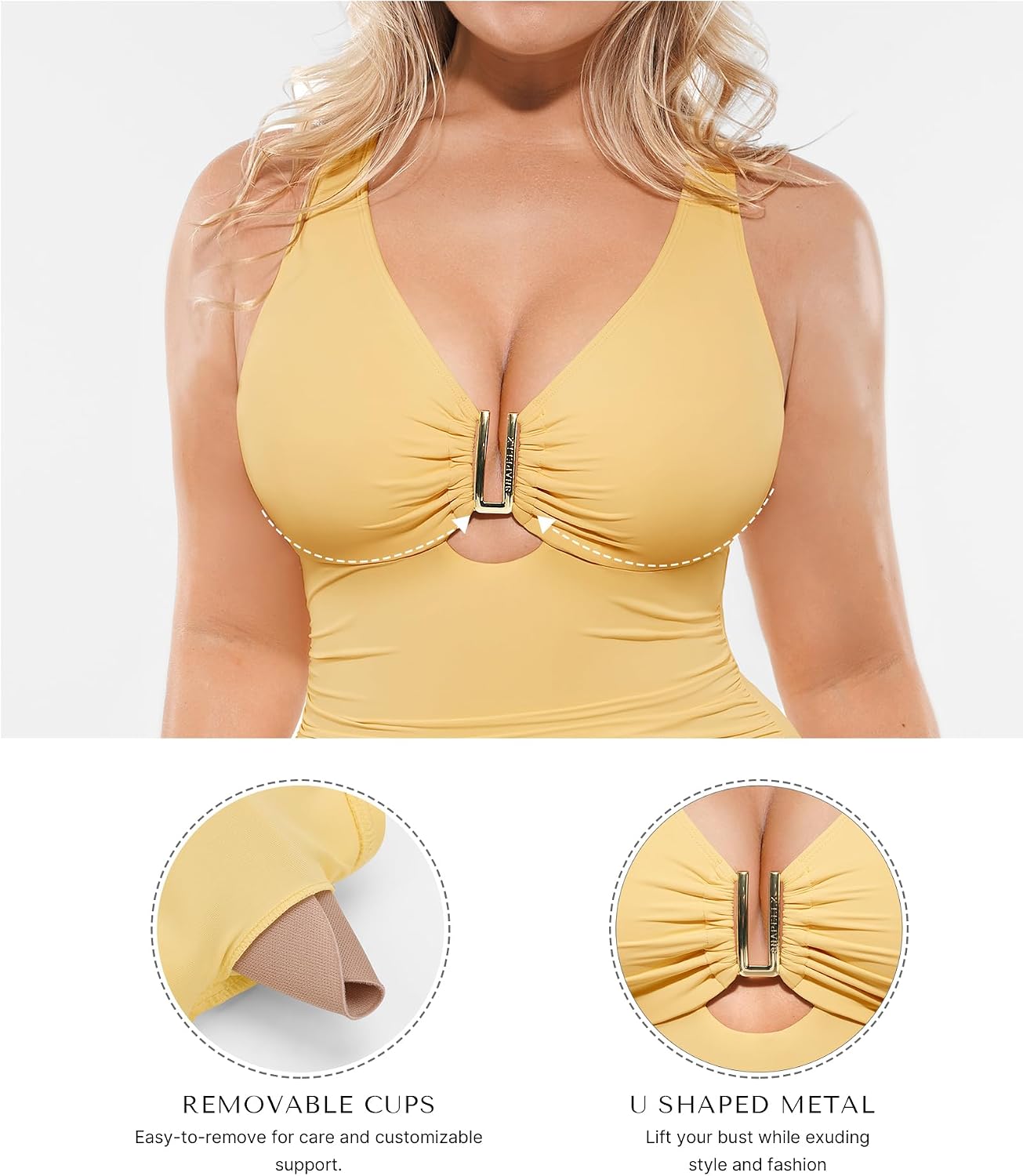 Detalle de SHAPELLX Tummy Control One-Piece Swimsuit with V-Neck, Ruched Shaping and Slimming Power-Manage