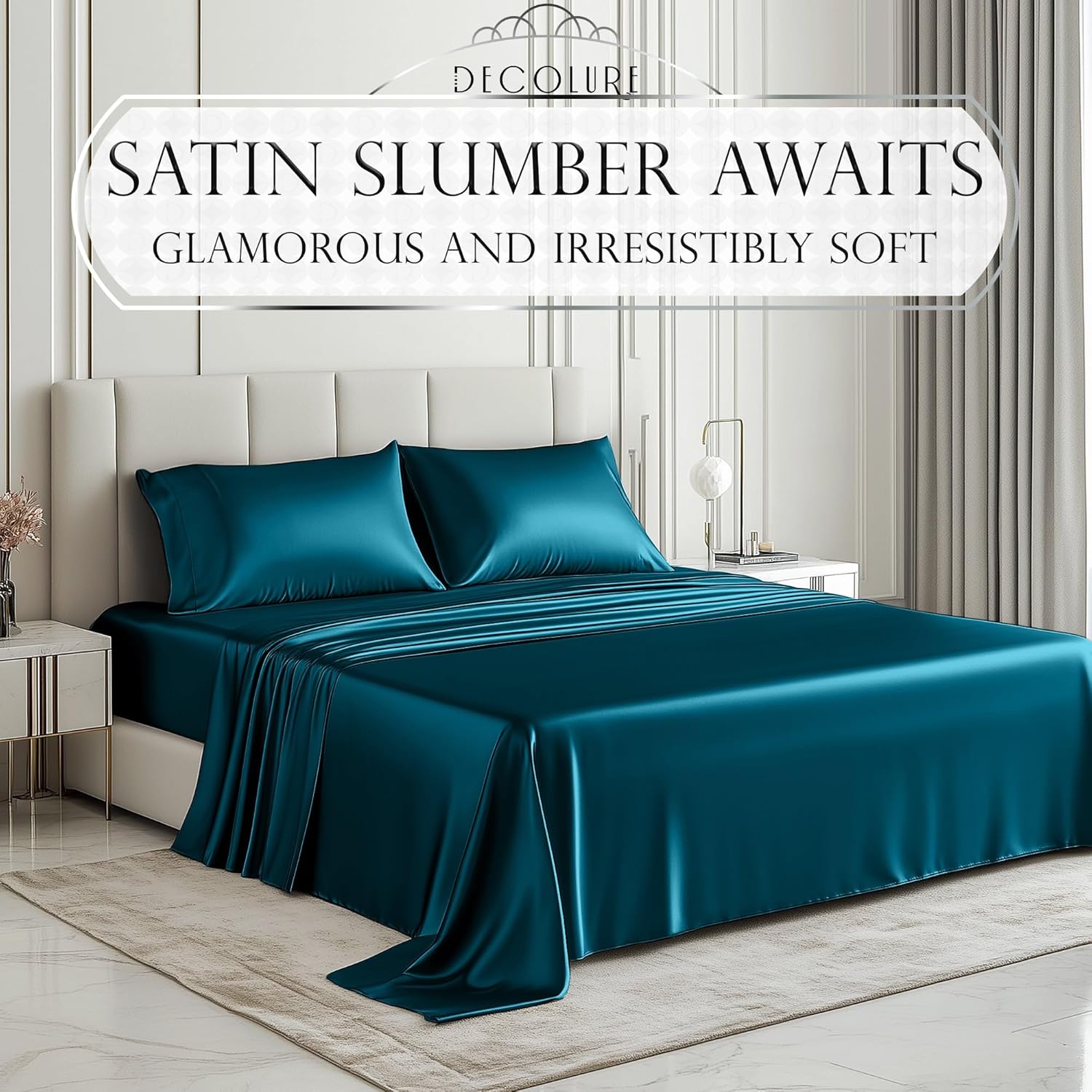 Thumbnail 1 de DECOLURE Satin Bed Sheets (4-Piece) for King Beds—Softer-Than-Silk, Wrinkle-Free, 15” Deep Pocket Set (Sea Teal)