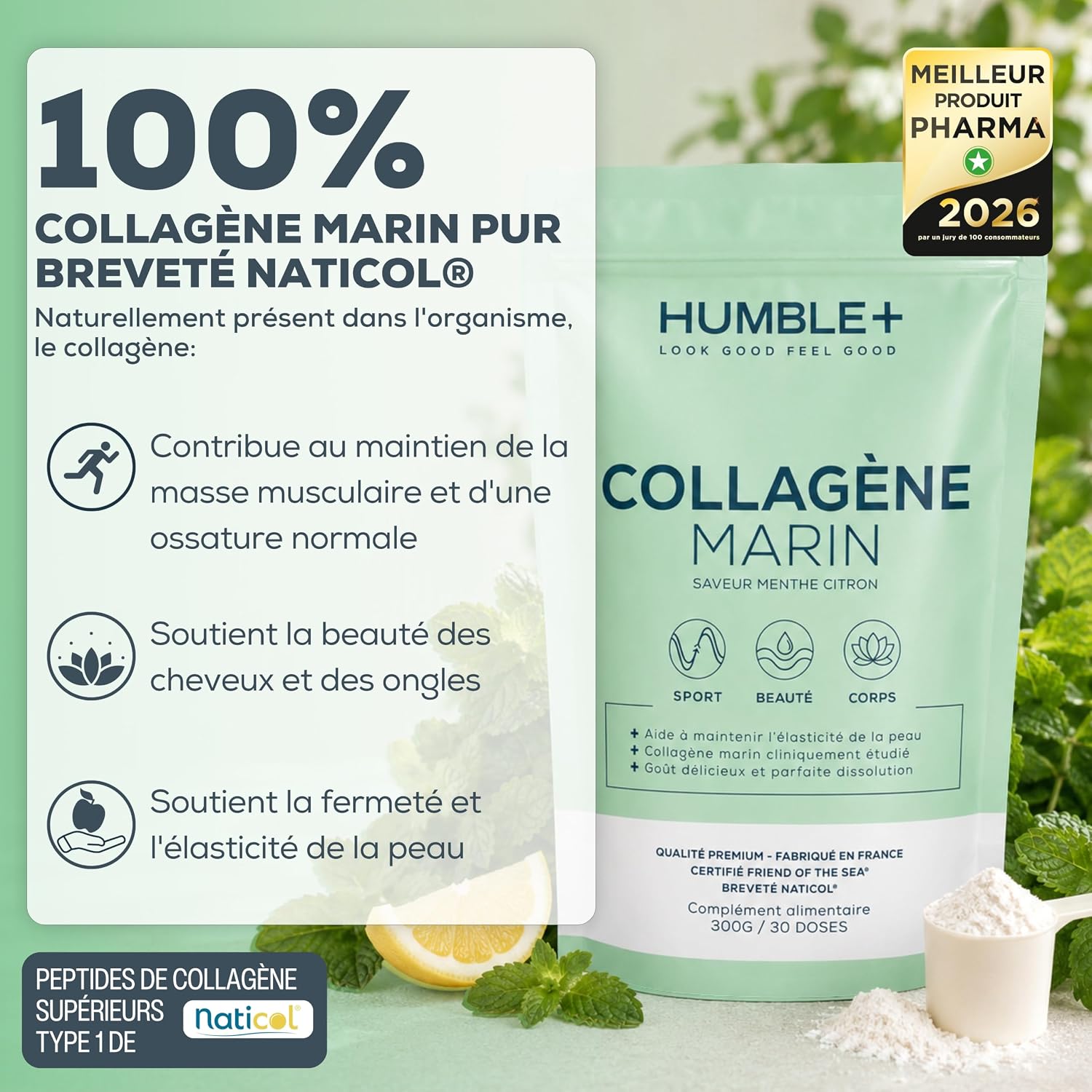 Detalle de Collagène Marin Naticol® en poudre – Menthe-Citron, 300 g (60 doses) — Fabriqué en France, pour peau, articulations et récupération musculaire