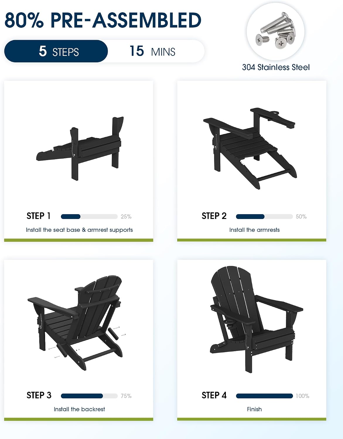 Thumbnail 6 de MUCHENGHY Folding Adirondack Chairs (Black) — Weather-Resistant Outdoor Patio Adirondack