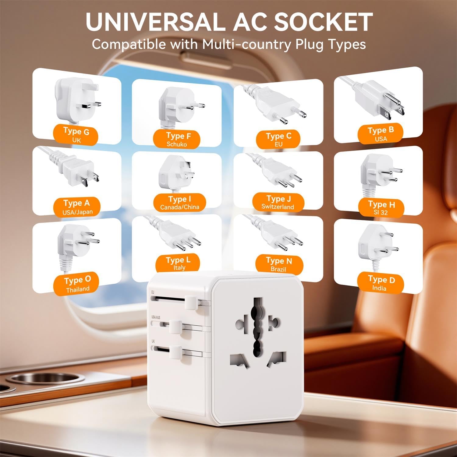 Detalle de Auxmir Adaptateur Prise Universelle avec 2 USB‑C et 2 USB‑A — Charge rapide 25W et 5 en 1 pour voyages