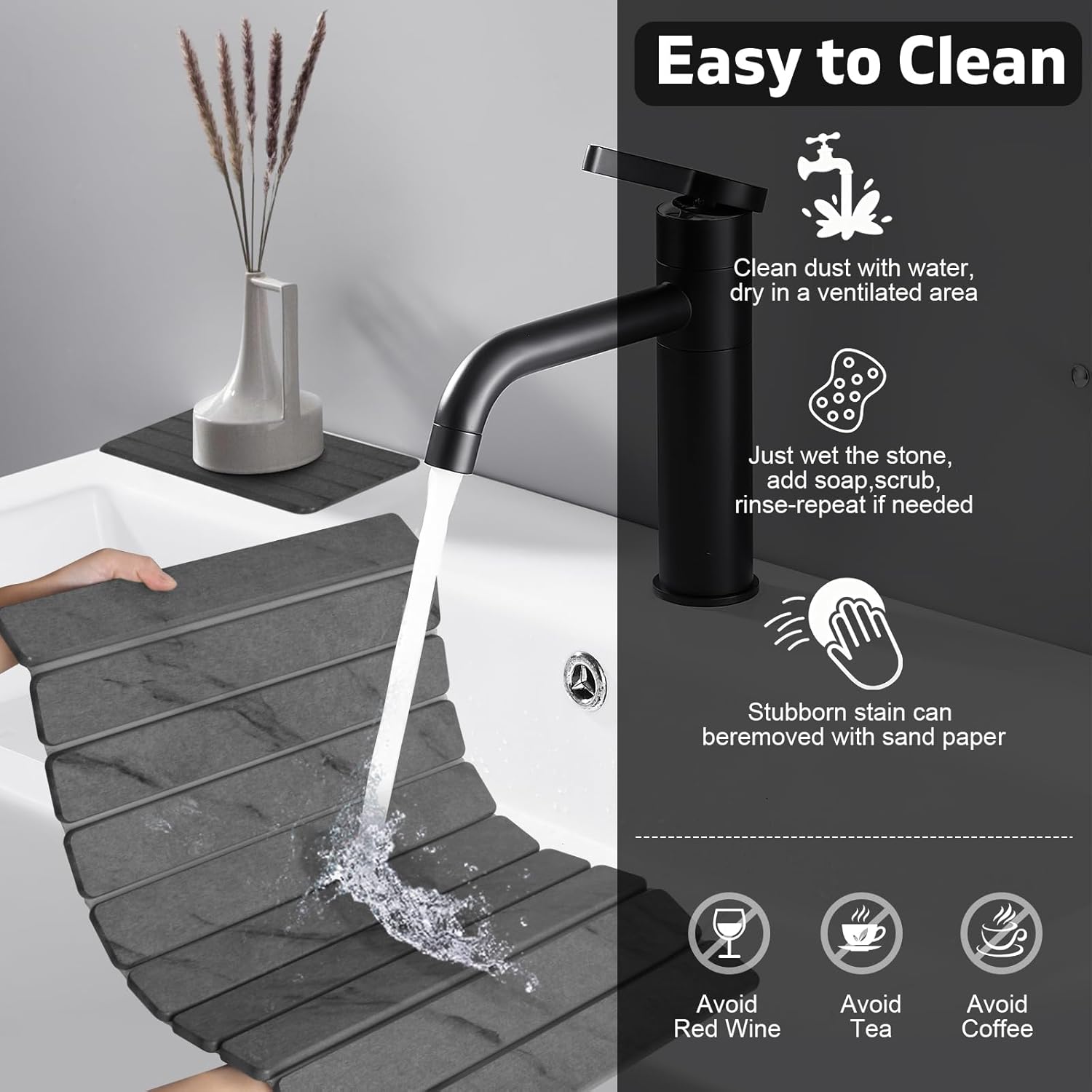 Detalle de Large Stone Dish Drying Mat for Kitchen Counter (Gray Marble, 24" x 16" + 8" x 4" Coaster)