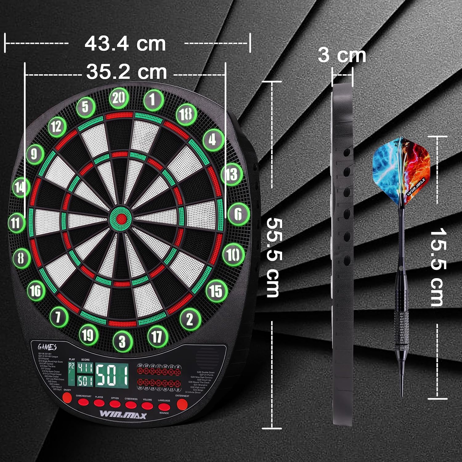 Thumbnail 4 de WIN.MAX Elektronische Dartscheibe Profi Set – 34 Games mit 354 Varianten, 3 Sprachen (DE/EN/FR) und Platz für 12 Darts