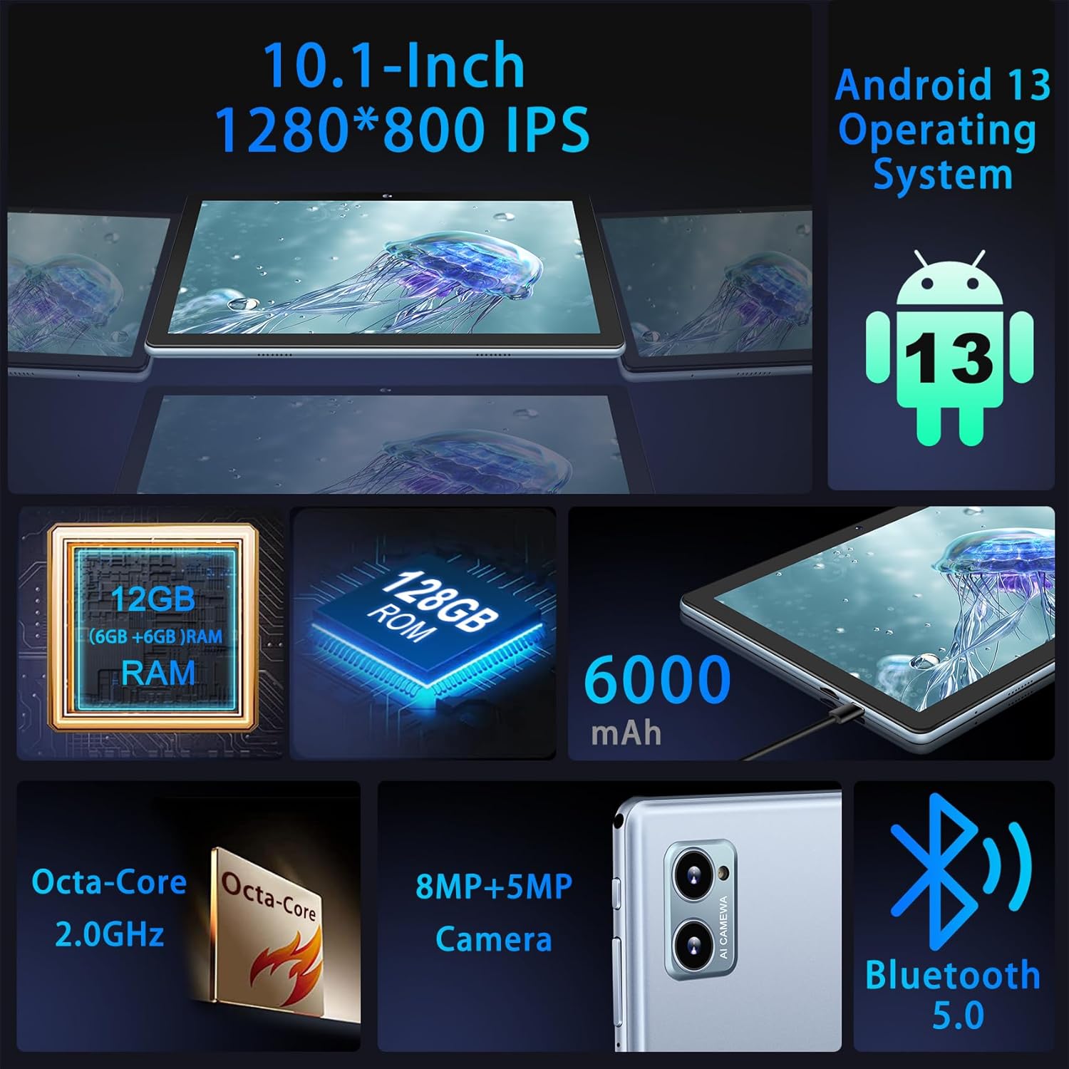 Thumbnail 1 de ZIOVO 2026 10-Zoll Android-13-Tablet mit 5G, 12GB RAM/128GB und Tastatur & Maus (Blau)
