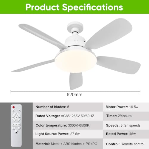 Thumbnail 4 de joyshie Ventilateur de Plafond avec Lumière et Télécommande, 62 cm – LED dimmable 3 couleurs, 3 vitesses, minuterie, douille E27