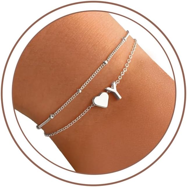 Detalle de TINGN Bracciale da donna oro argento – Monogramma cuore, multistrato, 14 carati placcato oro bianco
