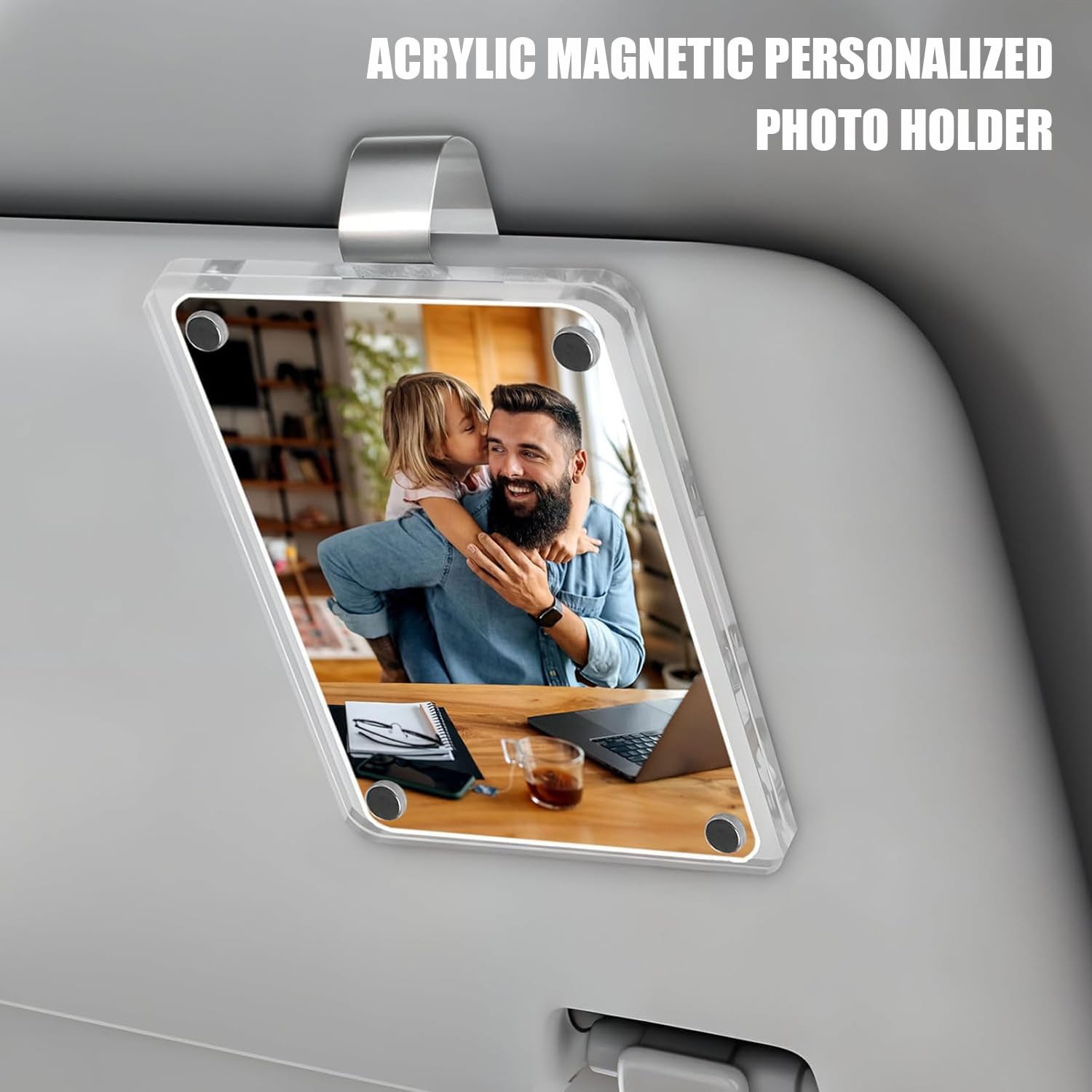 Detalle de 2 Pack Magnetic Car Sun Visor Photo Clips - Personalised Acrylic Frame with Stainless Steel & Transparent Holder