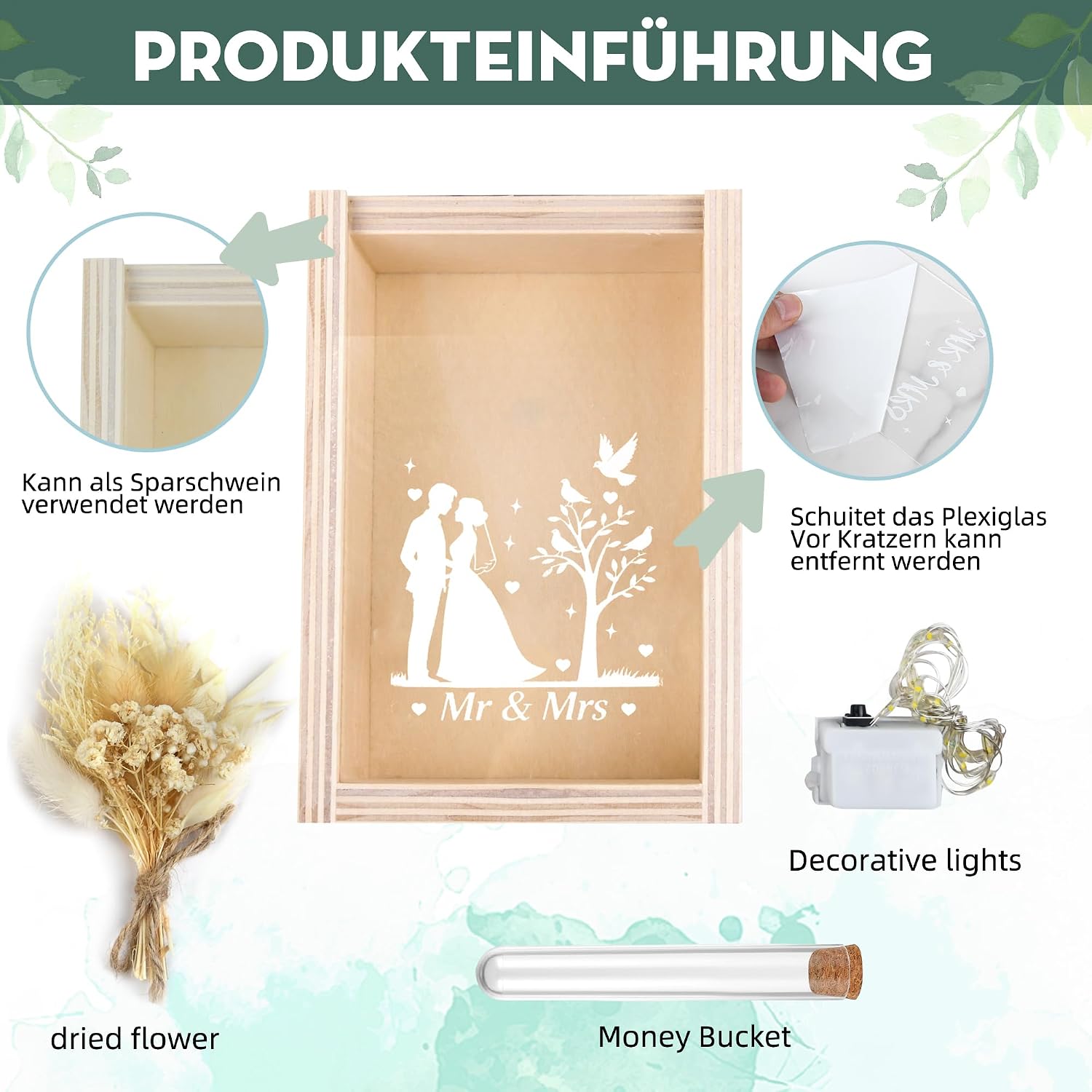 Detalle 2 de Hochzeitsgeschenke Holz Geldbox Mr. & Mrs