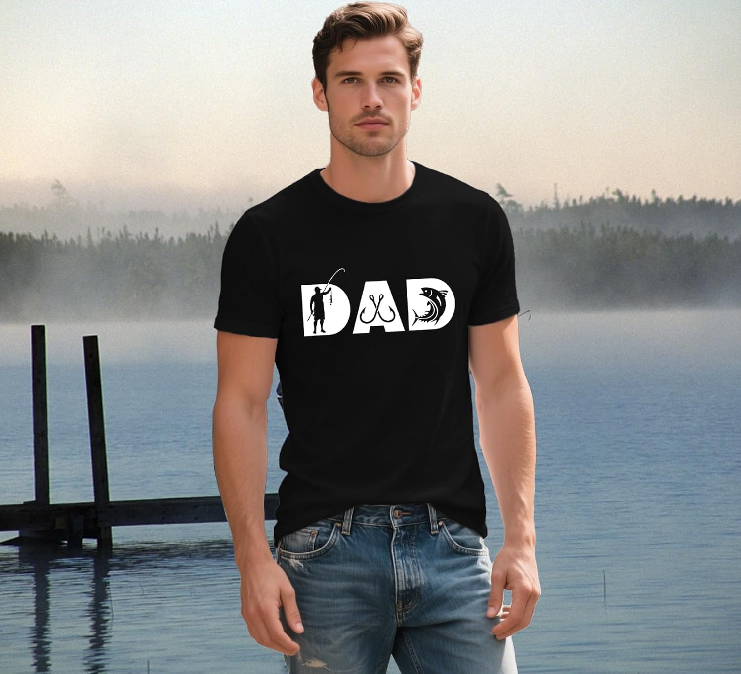 Detalle de Qskall Mens Fishing Dad T Shirt – soft, relaxed fit with funny fishing pattern