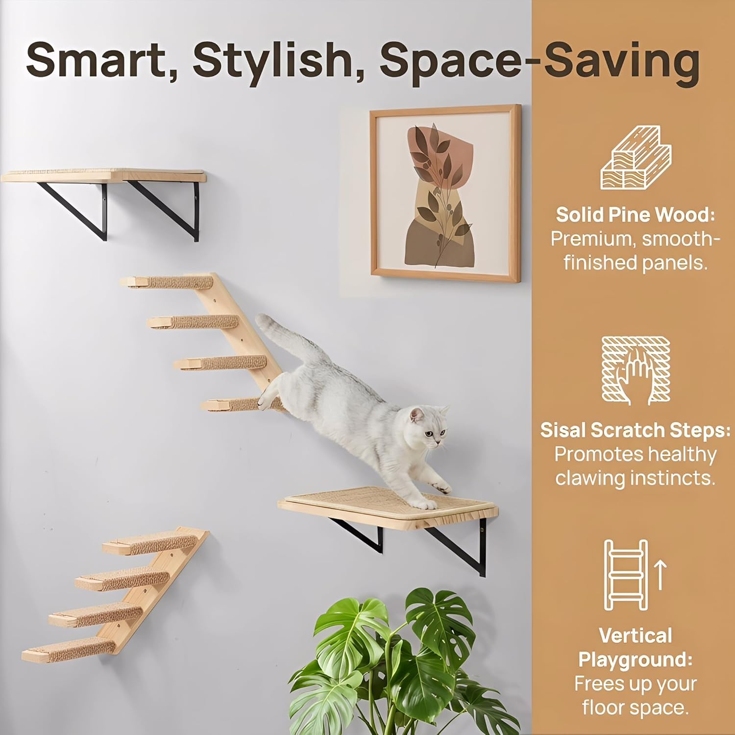 Detalle de Cat Climbing Frame Set: Wall Mounted Furniture with 2 Steps and 2 Platforms by PELUOMOZ
