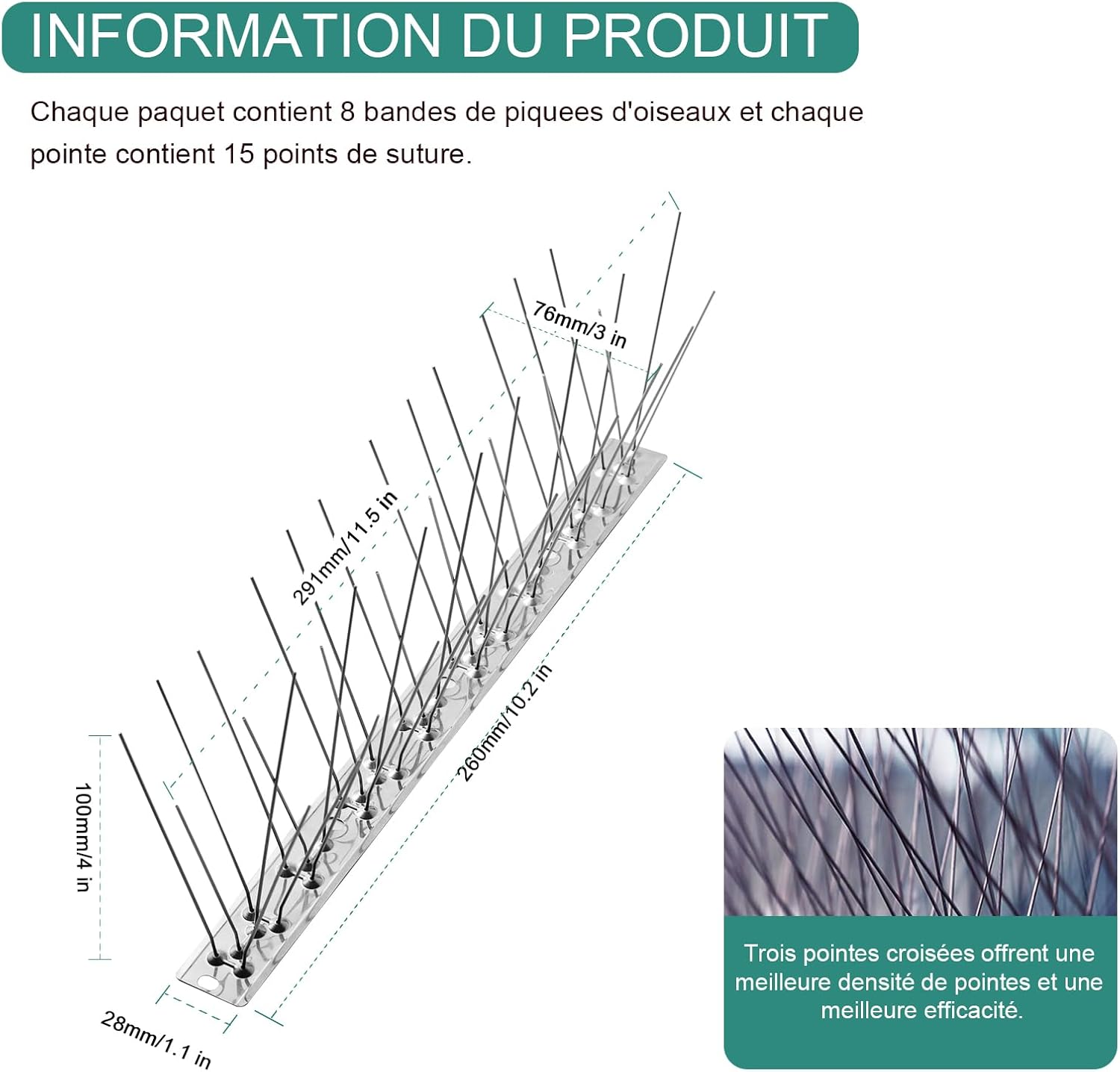 Thumbnail 4 de OFFO Pic anti oiseaux avec base en acier inoxydable 304 et couverture 2,08 m