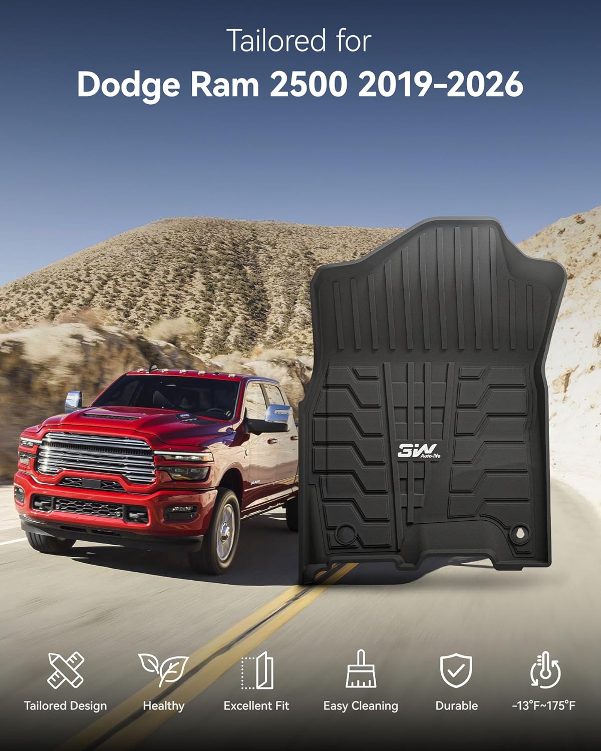 Thumbnail 1 de 3W Black All-Weather TPE Floor Mats for 2019–2026 Ram 2500/3500 Crew Cab (Bucket Seats, Not for PTO Kit Models)