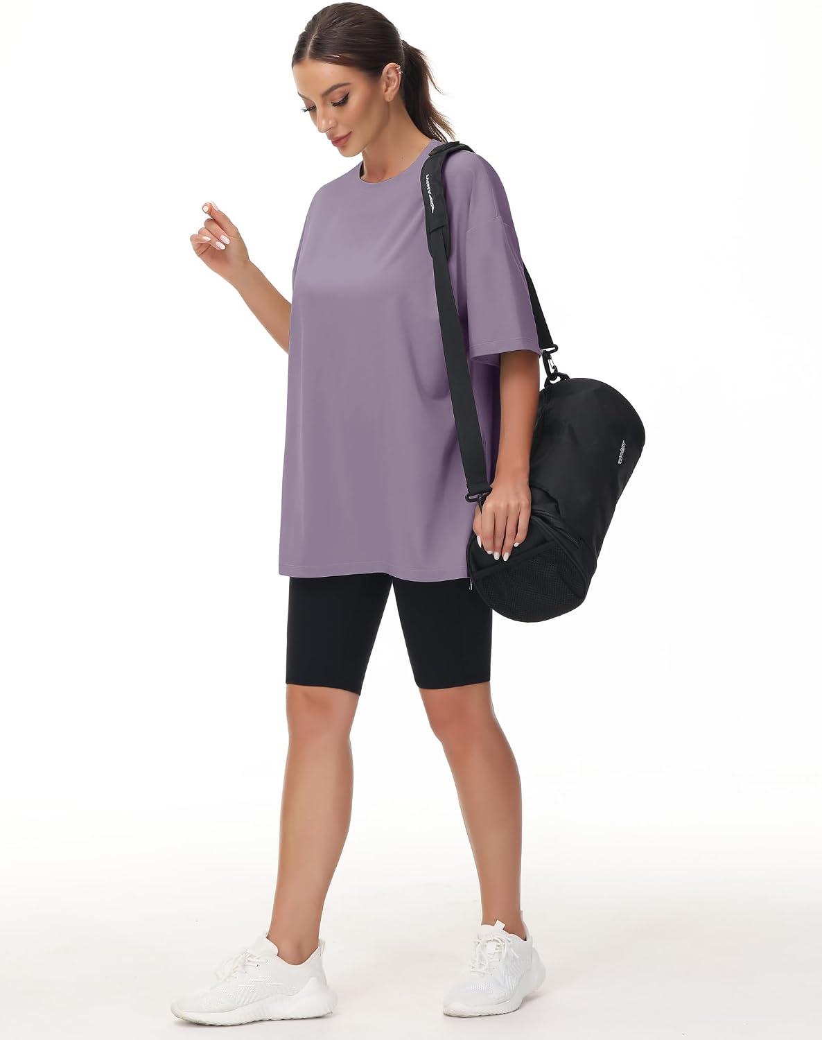 Detalle de THE GYM PEOPLE Damen Oversize T-Shirt mit Rundhalsausschnitt (Kurzarm) – Basic aus Baumwolle/ Viskose/ Elastan