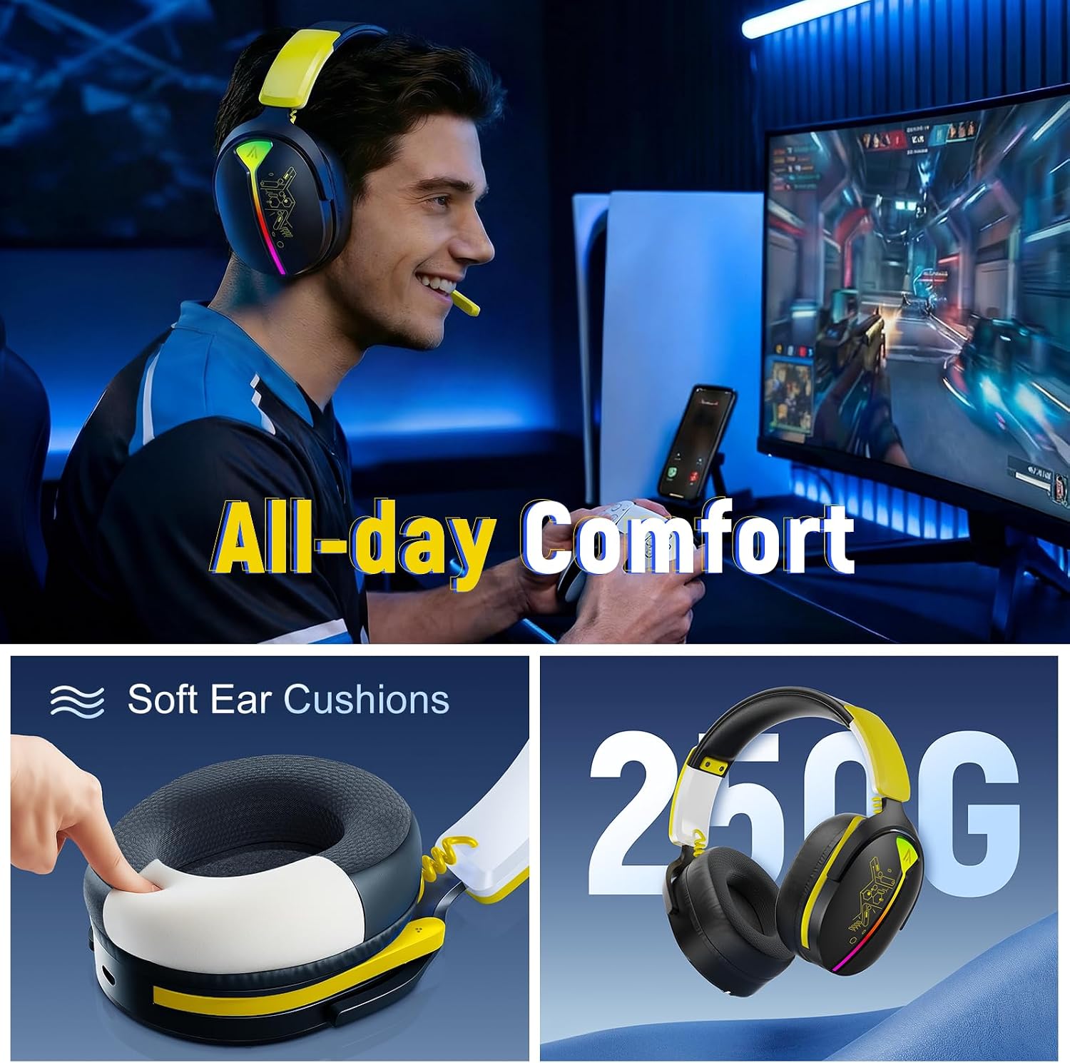 Detalle de Buwnia Wireless Gaming Headset for PS5, PC, PS4 & Switch with 2.4GHz lossless audio, Bluetooth 5.3 & 40H battery