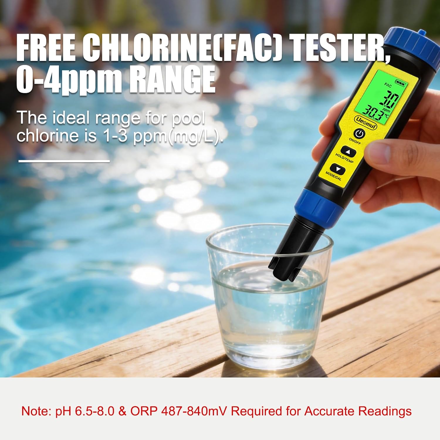Detalle de Ueomul pH chlore mètre 7 en 1 : testeur qualité de l’eau piscine (FAC) avec ATC, étanche IP67