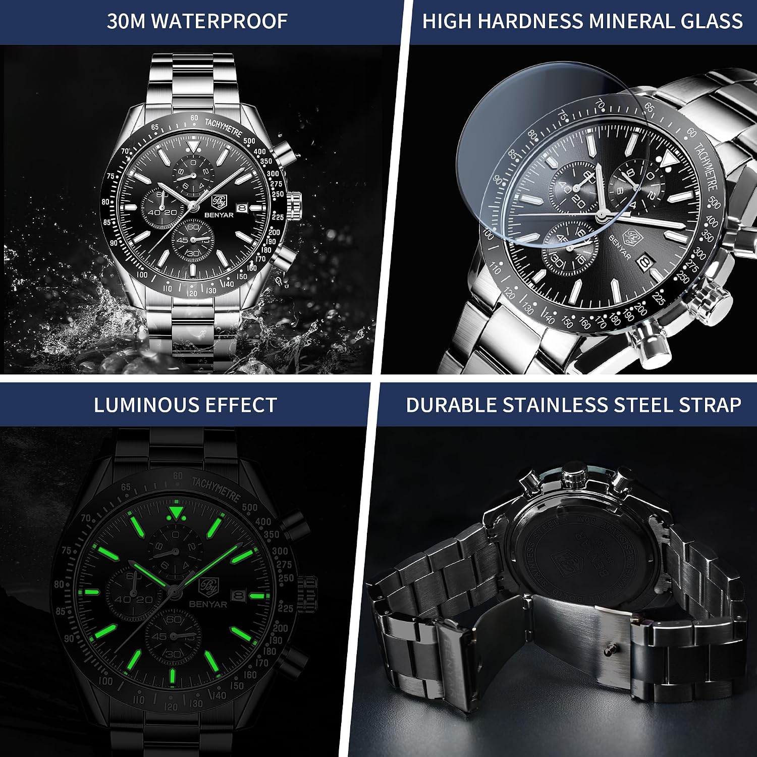 Detalle 1 de BENYAR Herren-Chronograph 45 mm Analog Quarz