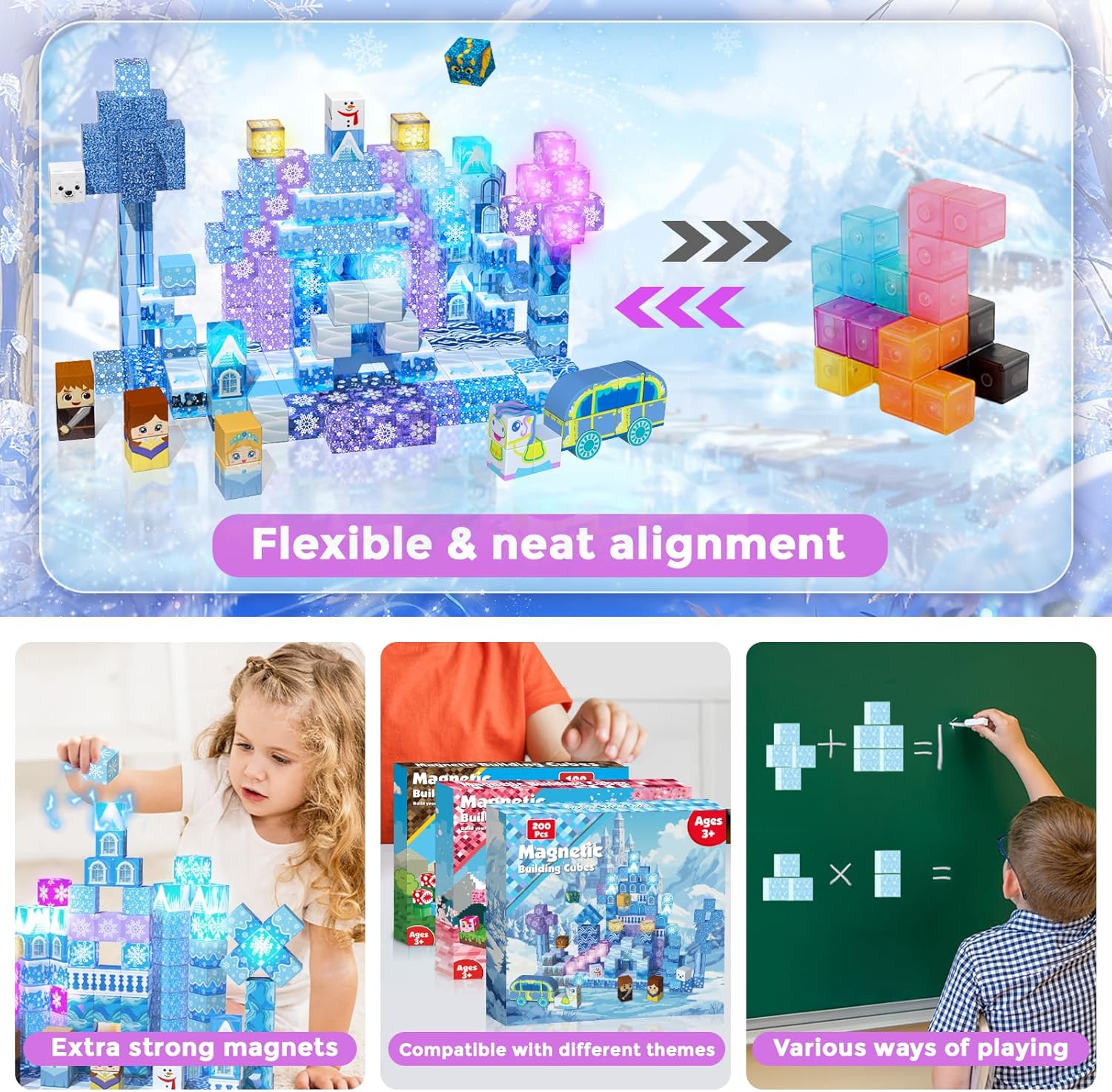 Thumbnail 4 de 200 PCS Magnetic Blocks with Light Up & Transparent Cubes for Blue Snow Princess Castle
