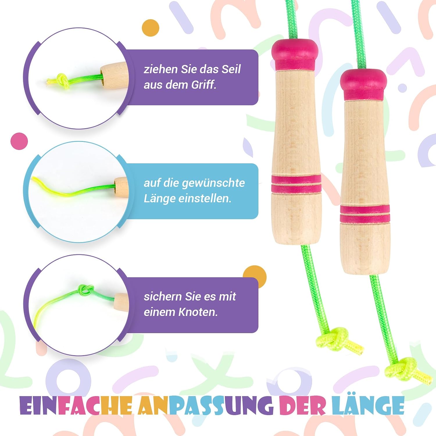 Detalle 2 de Springseil Kinder – Verstellbares Seilspringen für Fitness mit Holzgriff, 250 cm, Regenbogenfarben