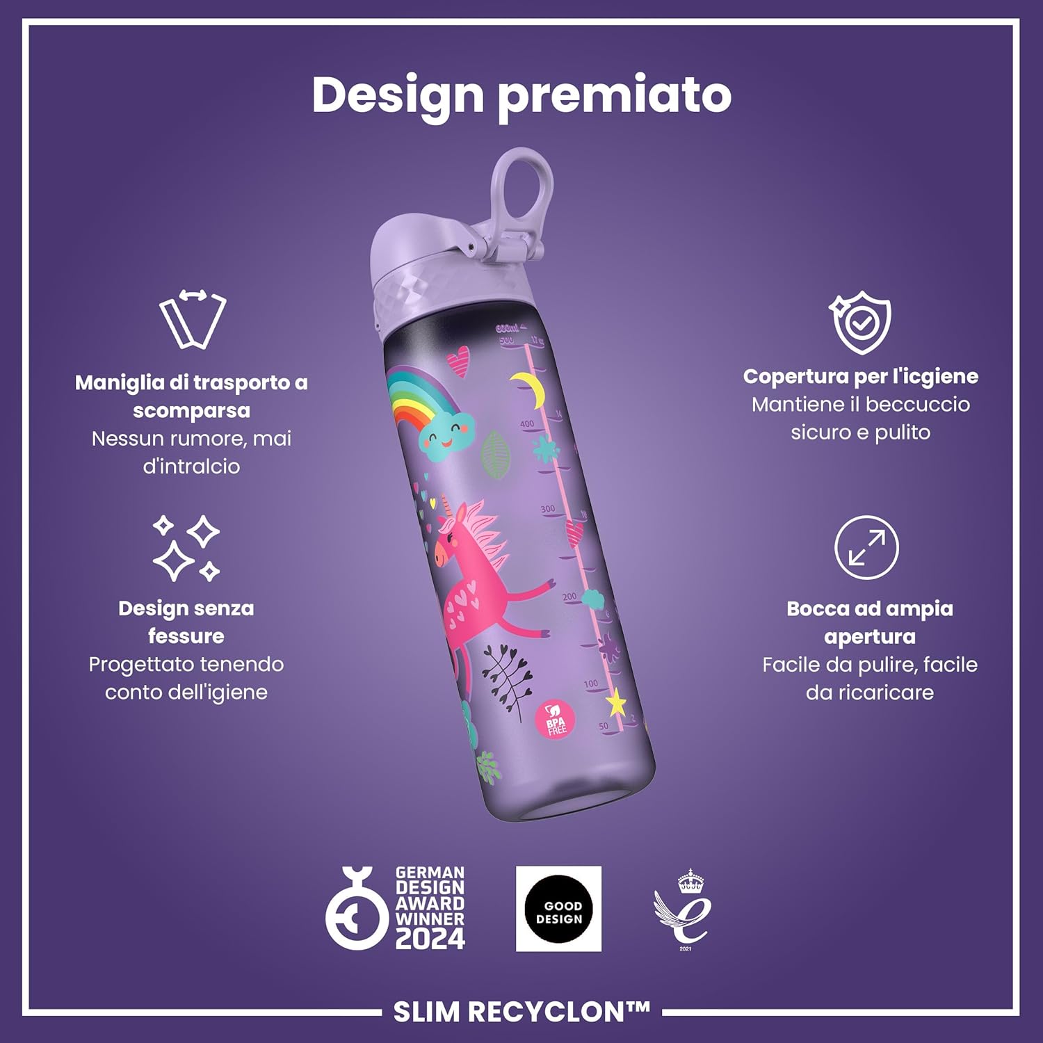 Detalle 2 de Ion8 Borraccia a Prova di Perdite 500 ml – Unicorni viola, lavabile in lavastoviglie, BPA-free