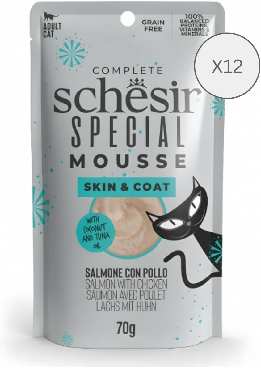 Detalle de Schesir Special Skin & Coat komplett våtfoder för vuxna katter, lax och kyckling, 12 x 70 g